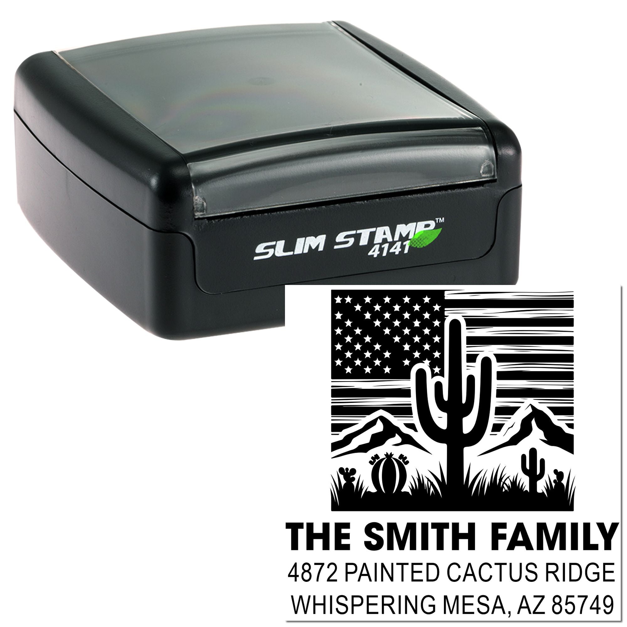 Custom self-inking Slim Stamp rubber stamp with desert cactus family address design for personalized return addresses.
