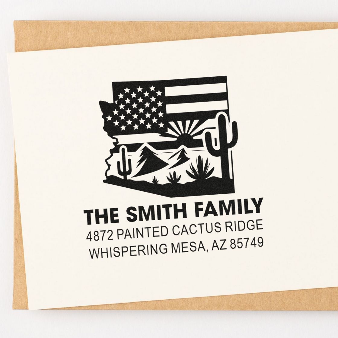 Personalized return address rubber stamp with Arizona desert flag, cacti, and Smith family address design.