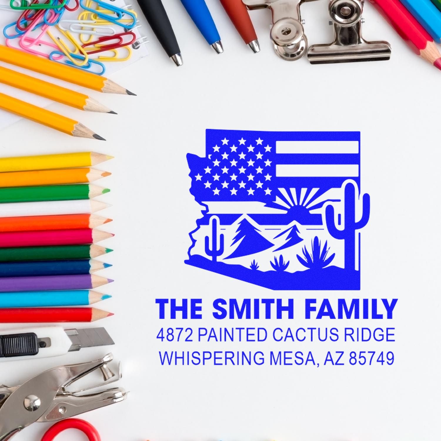 Personalized Arizona return address rubber stamp for The Smith Family, with desert cactus and flag design.