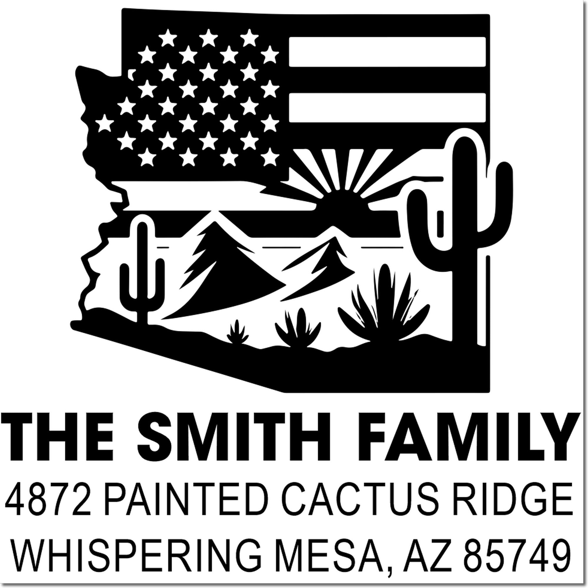 Custom Arizona family return address rubber stamp with desert scene and state outline for The Smith Family, Whispering Mesa, AZ.