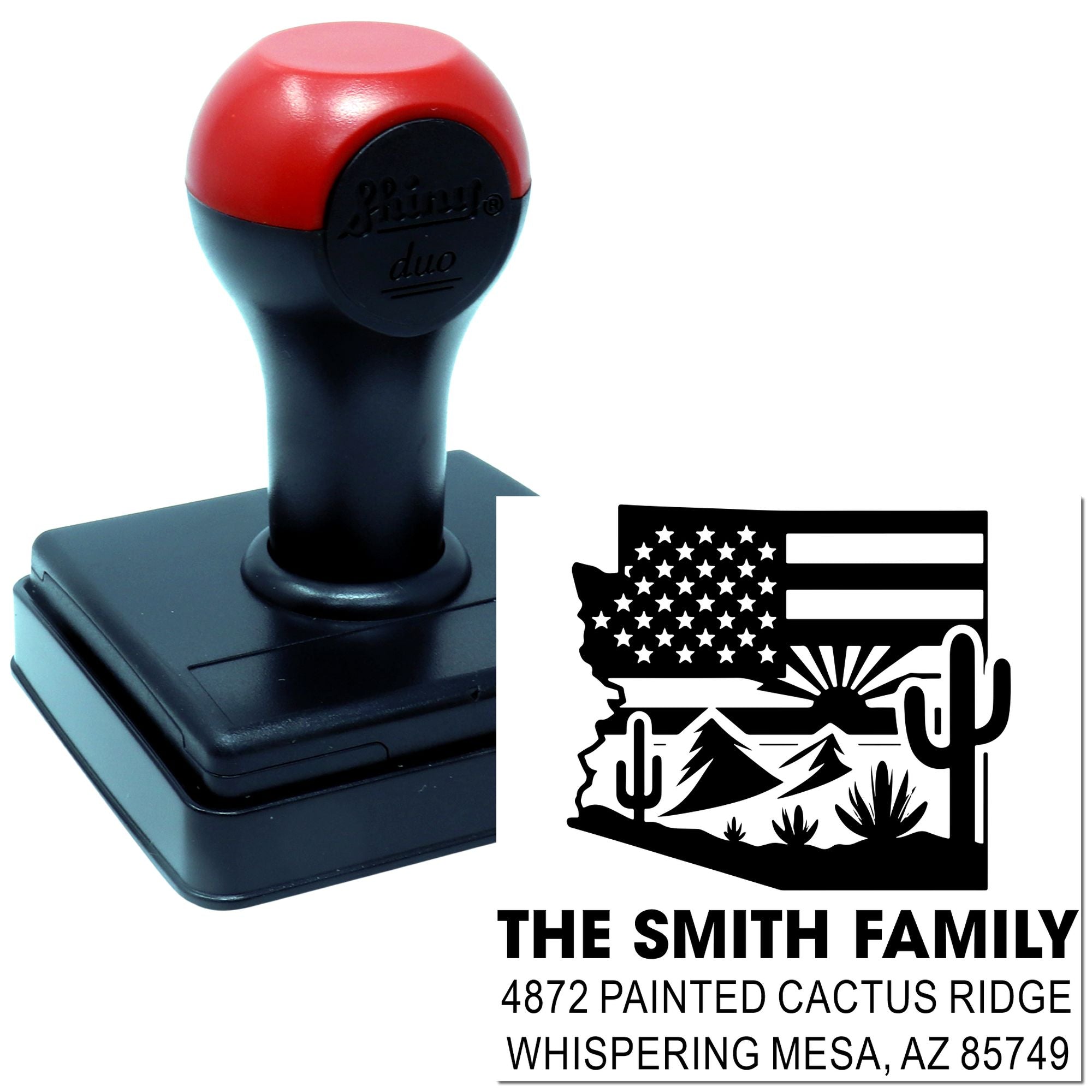 Custom self-inking rubber address stamp with Arizona desert design for The Smith Family, Whispering Mesa, AZ 85749.