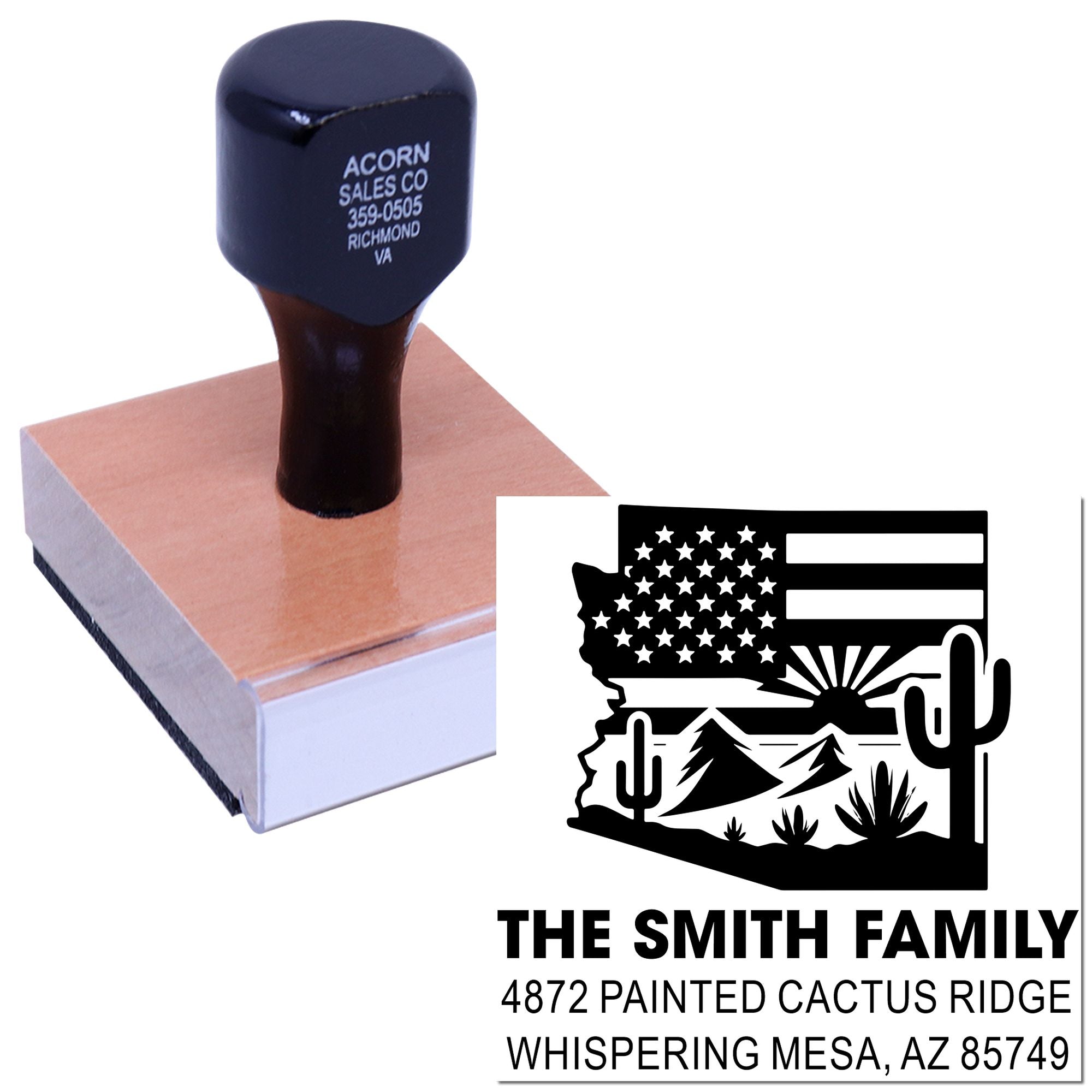 Custom self-inking return address rubber stamp with Arizona desert family design for envelopes and mail.