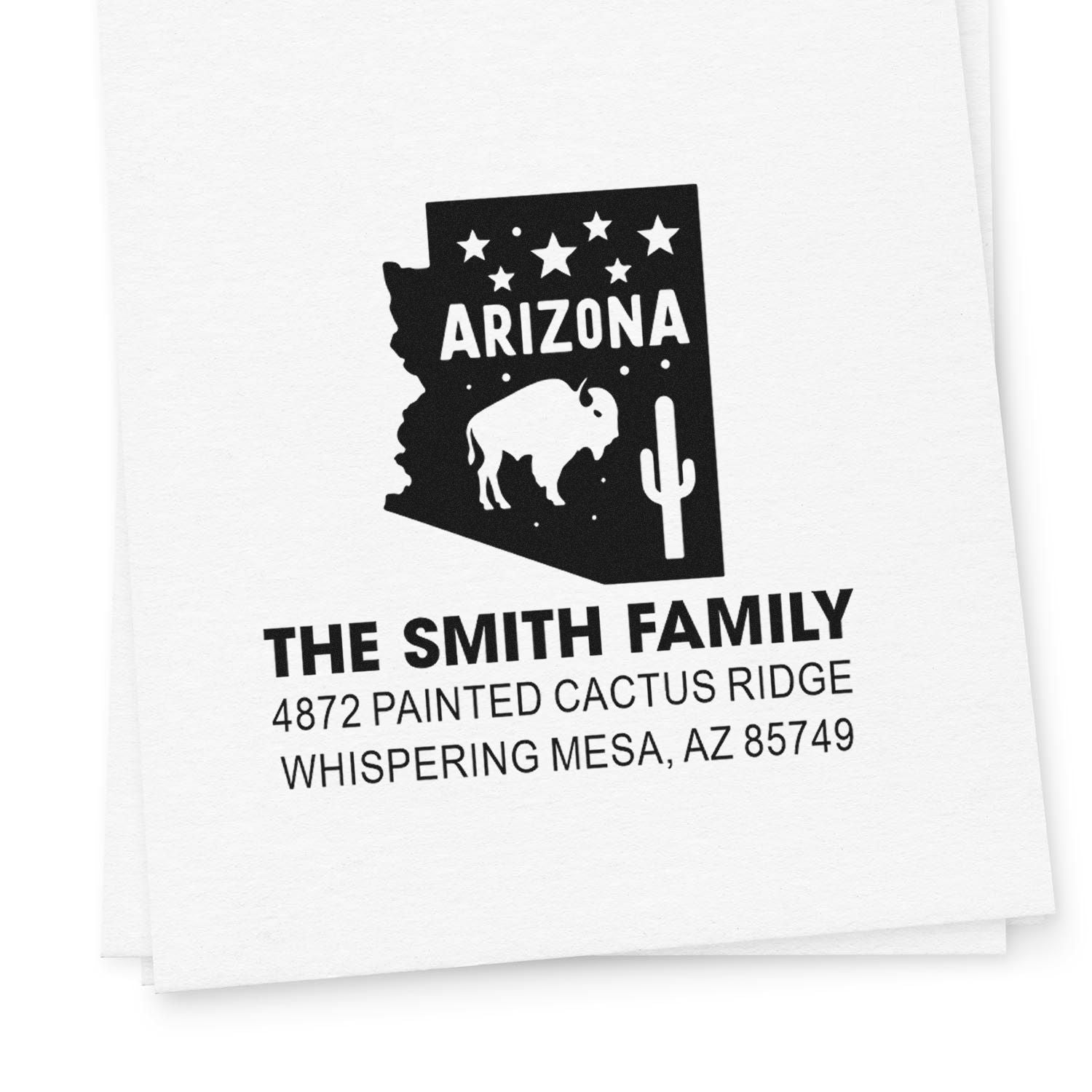 Custom Arizona return address rubber stamp with bison, cactus, and stars for The Smith Family mail and stationery.