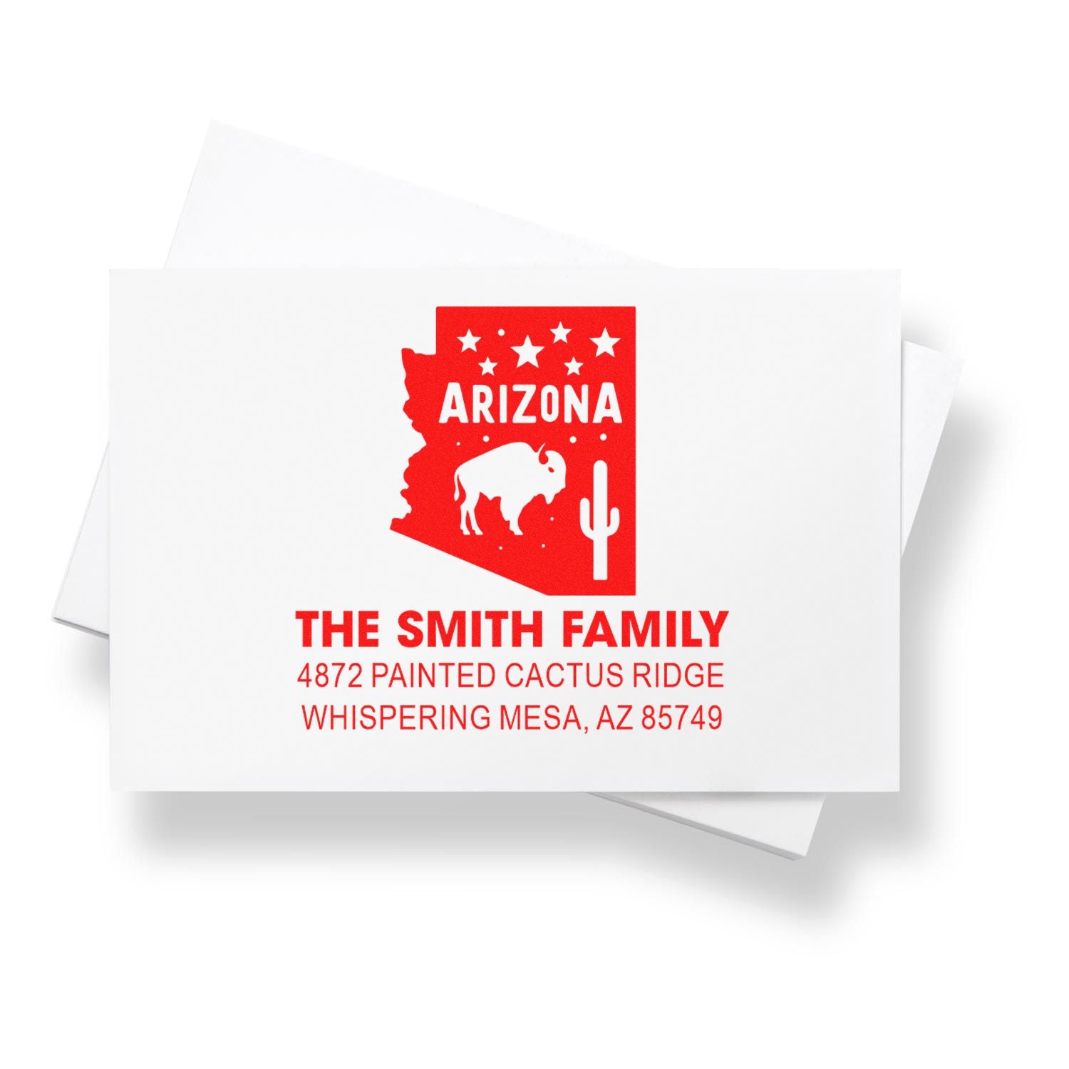 Custom Arizona return address rubber stamp with family name, cactus, buffalo and address design for personalized mail.