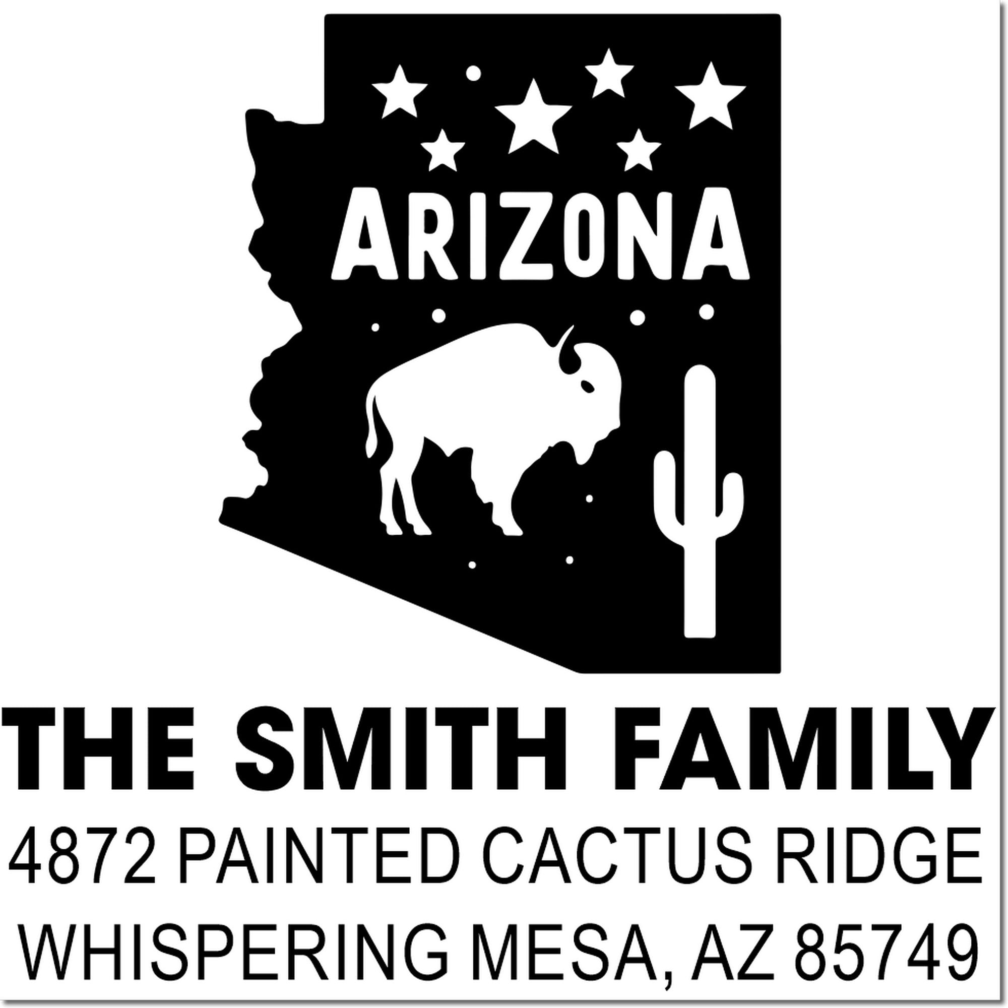 Custom Arizona return address rubber stamp with stars, buffalo and cactus for The Smith Family, Whispering Mesa, AZ 85749