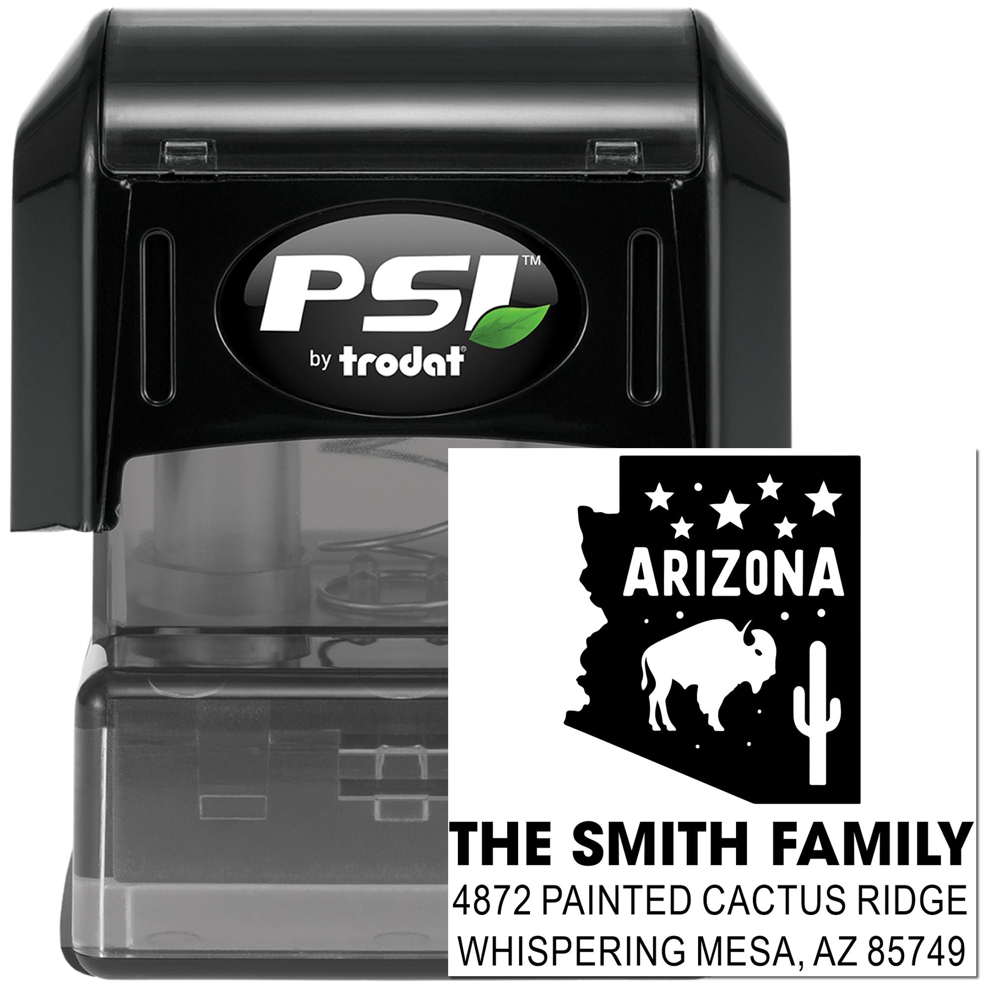 PSI by Trodat self-inking rubber stamp for custom Arizona return address and family name stamps.