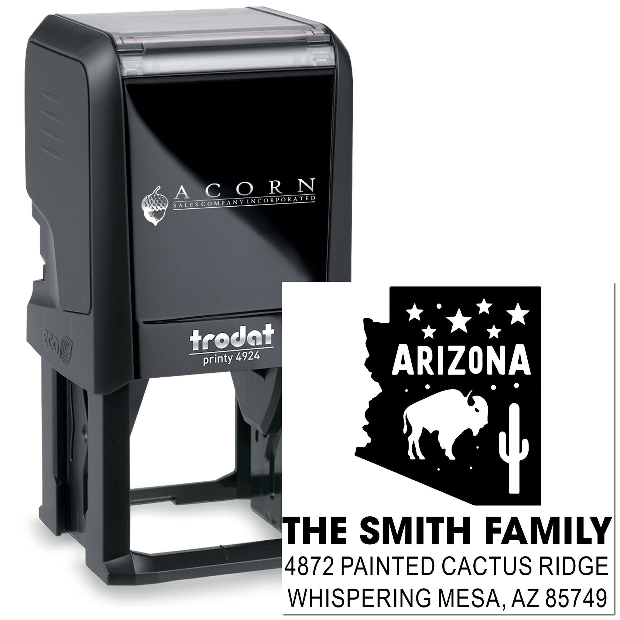 Custom Trodat self-inking rubber stamp with Arizona state design and Smith family return address text