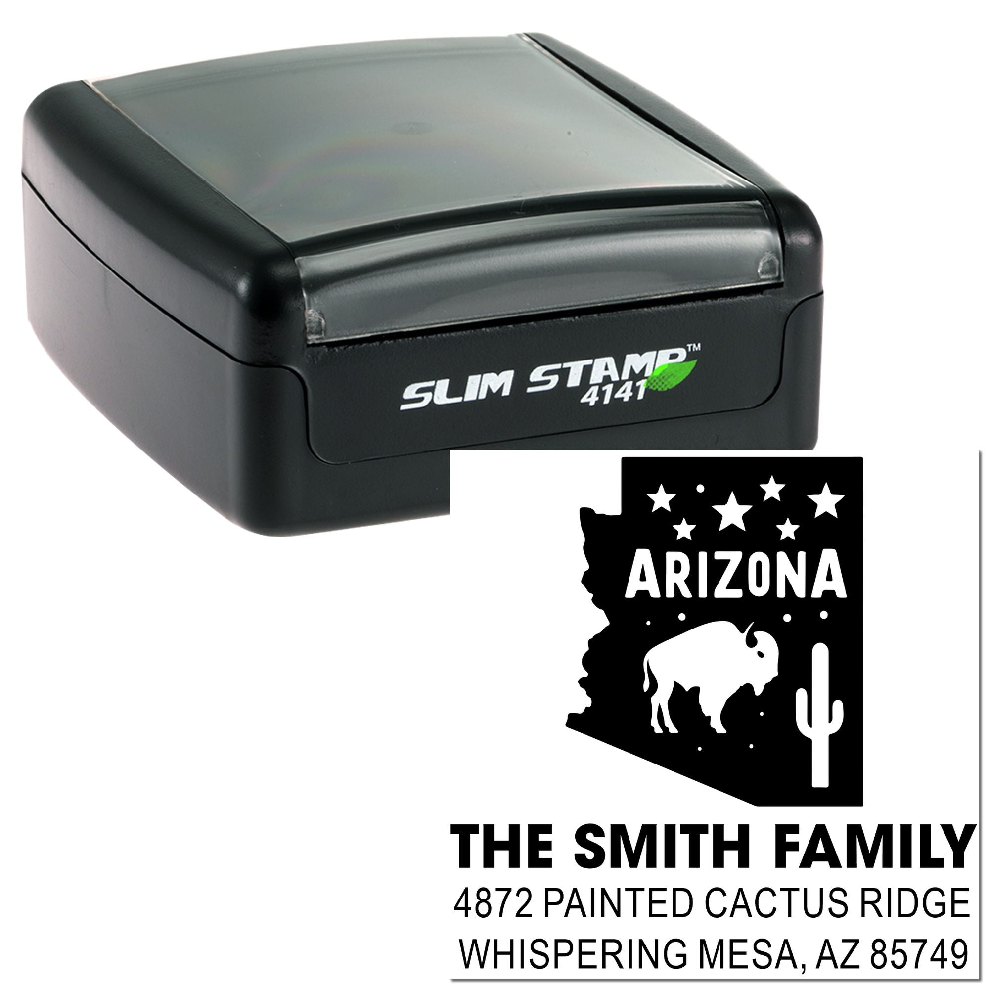 Custom Arizona address rubber stamp with self-inking Slim Stamp 4141, buffalo, cactus and family name design.