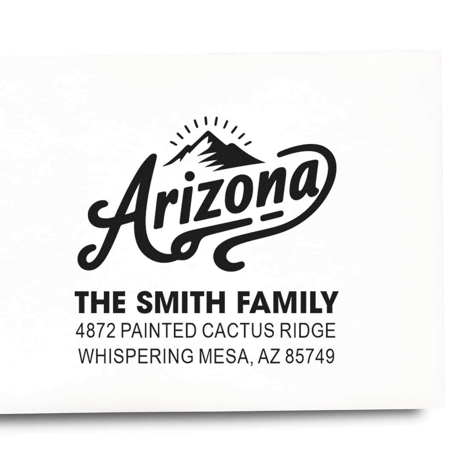 Custom Arizona return address rubber stamp for The Smith Family with mountain logo and Whispering Mesa, AZ address.