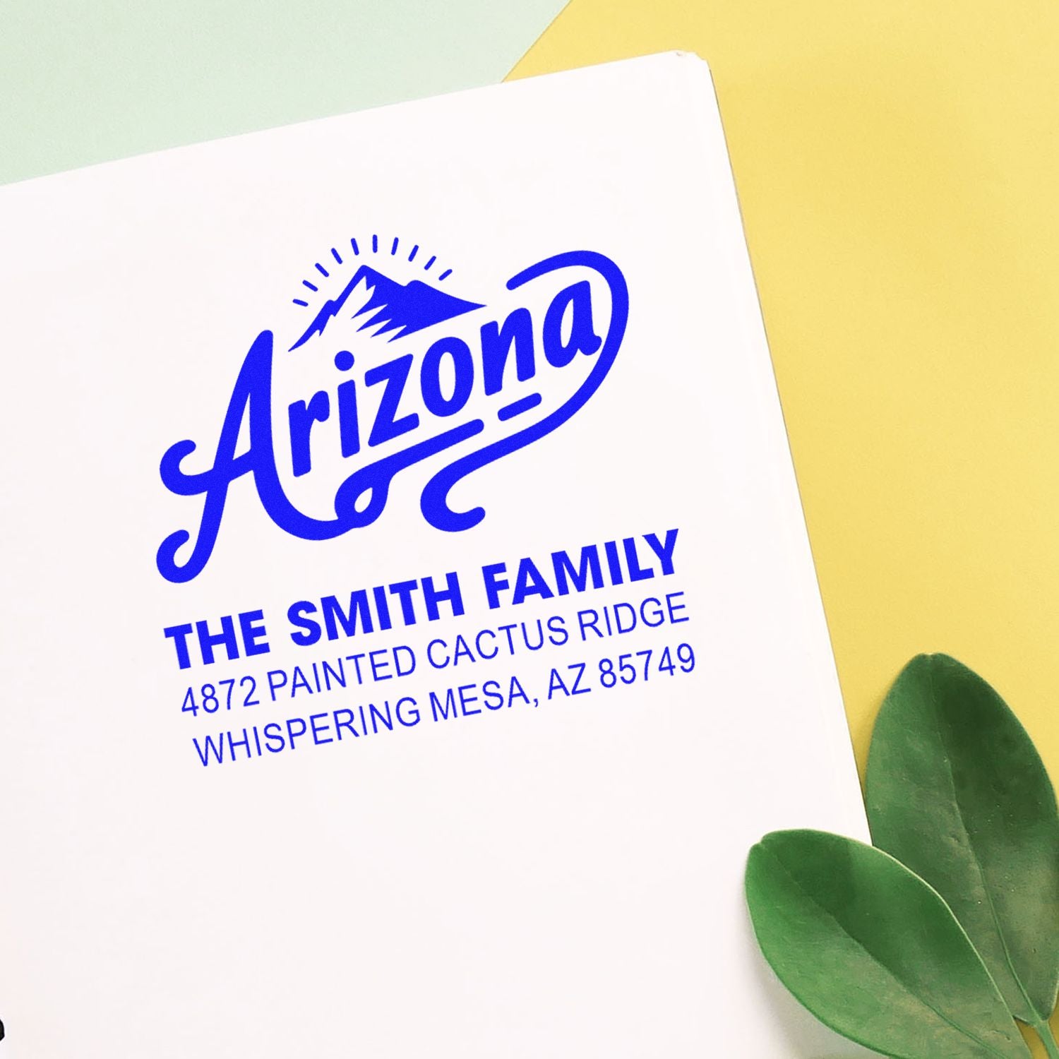 Custom Arizona return address rubber stamp for The Smith Family, featuring a logo and mailing address.