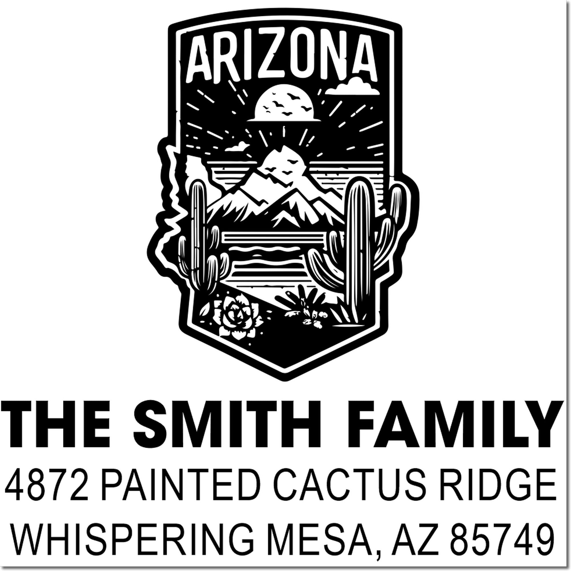 Arizona custom address rubber stamp for The Smith Family, featuring desert sunset, cacti, and state outline.