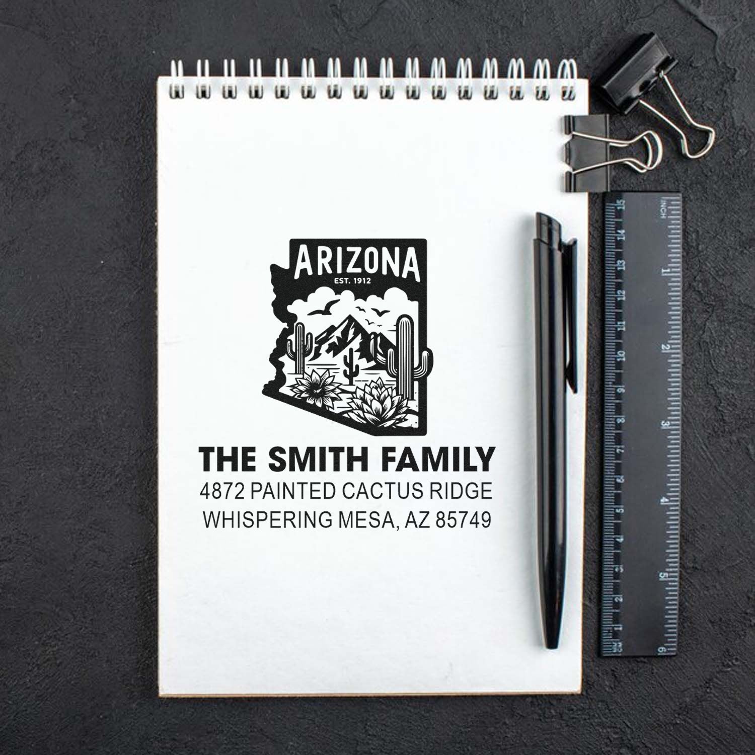 Custom Arizona family address rubber stamp with cactus design, ideal for personalized return mailing.