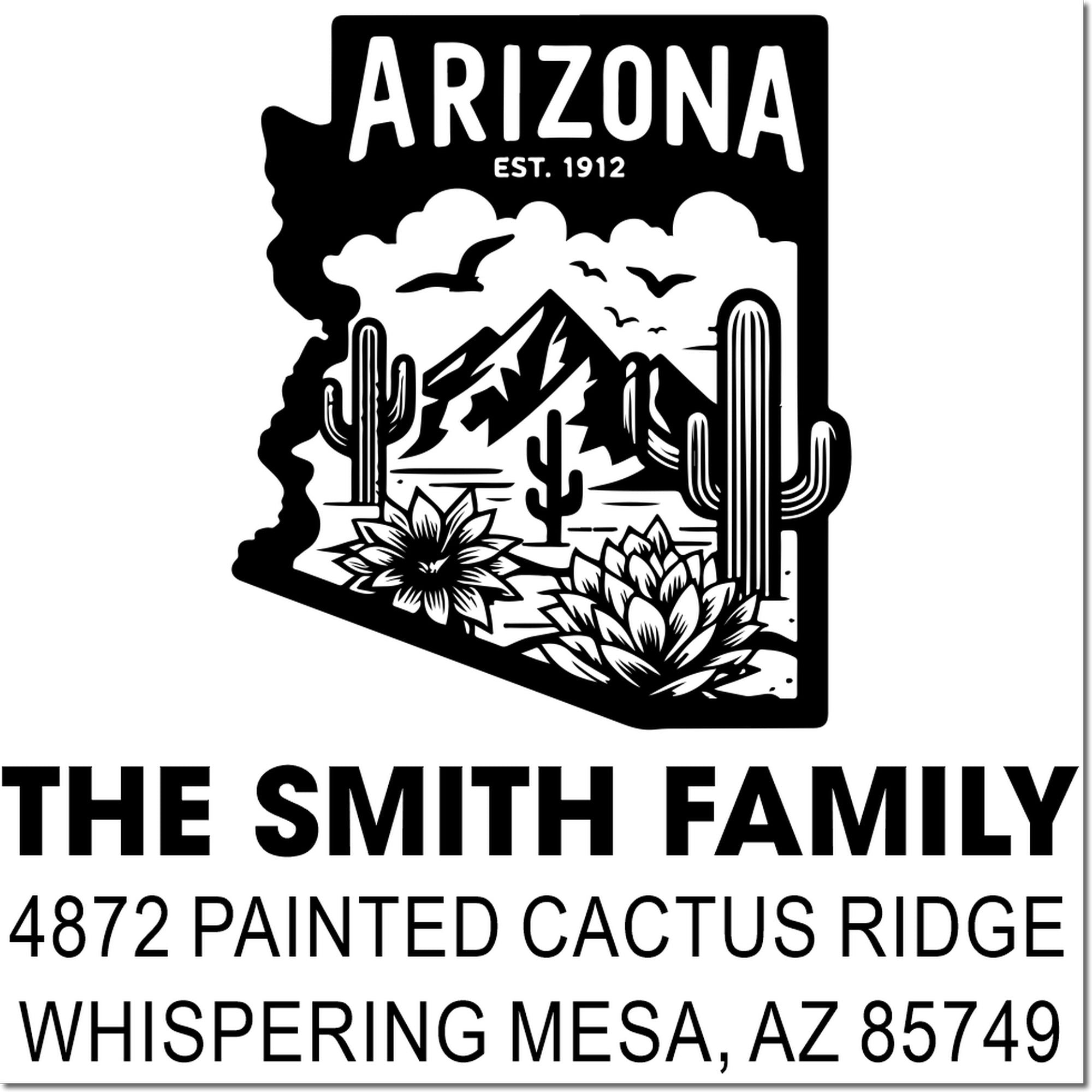 Custom Arizona return address rubber stamp with desert scene, Smith family name, and Whispering Mesa, AZ address.