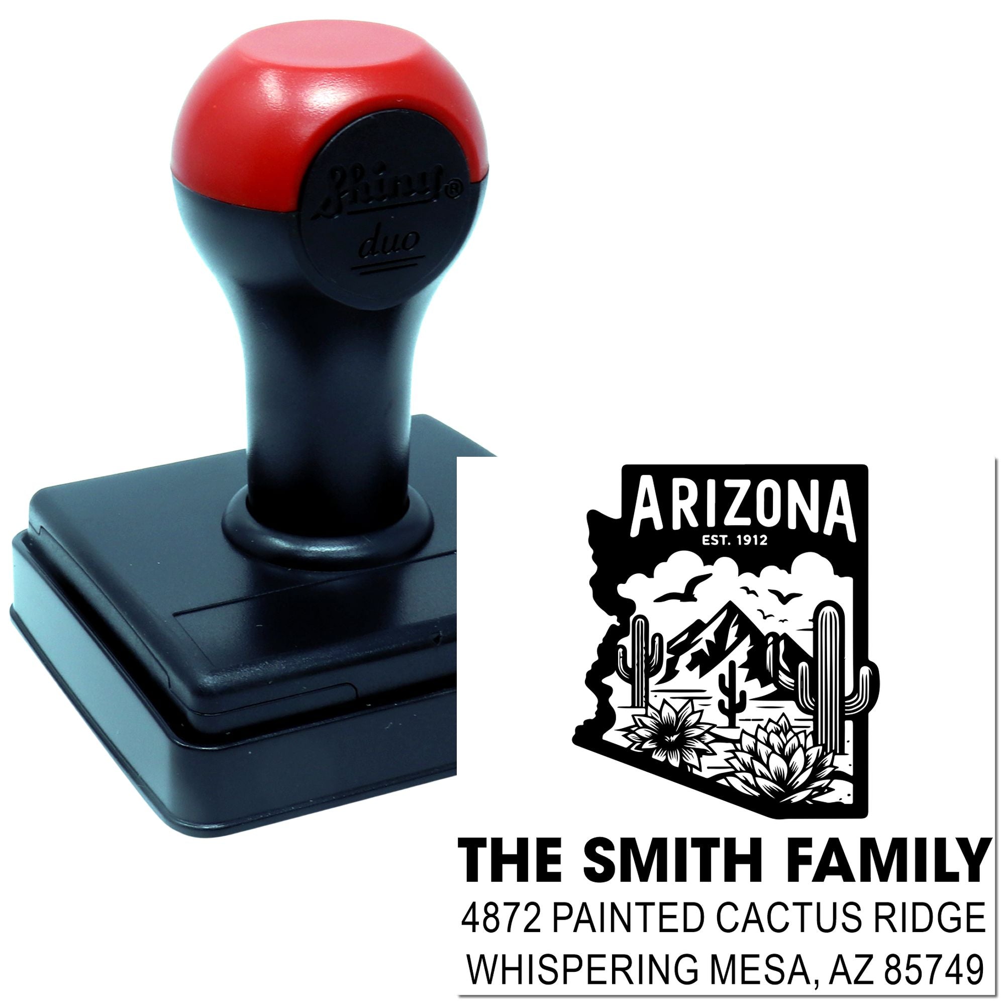 Custom Arizona self-inking return address rubber stamp with family name and state design for mailings.