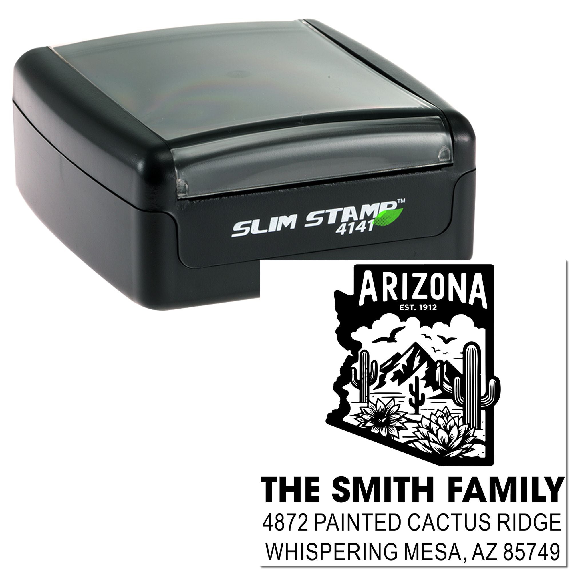 Custom self-inking rubber address stamp with Arizona design, family name, and return address for personalized mailing.