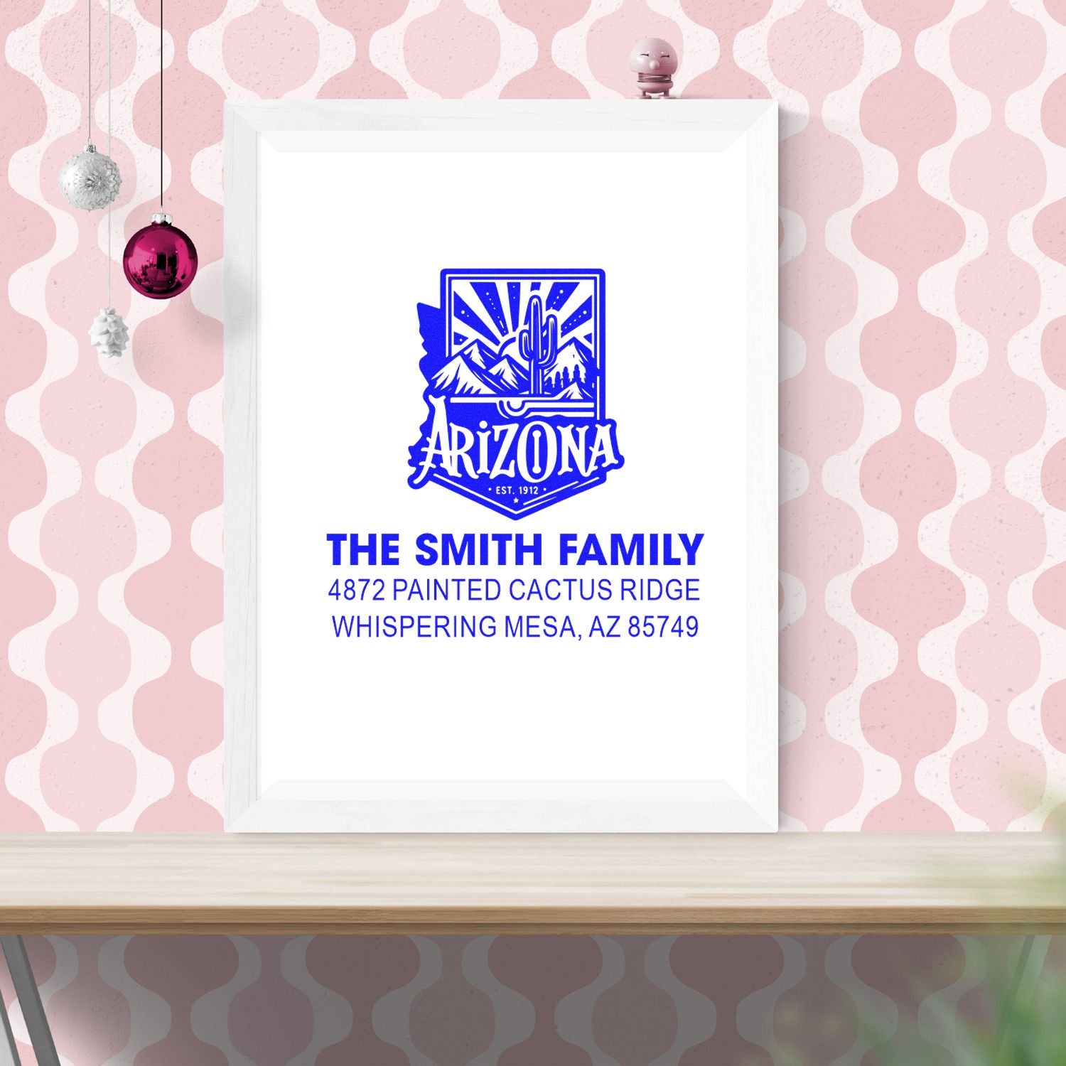 Custom Arizona return address rubber stamp with Smith family name, cactus design, and Whispering Mesa, AZ address.