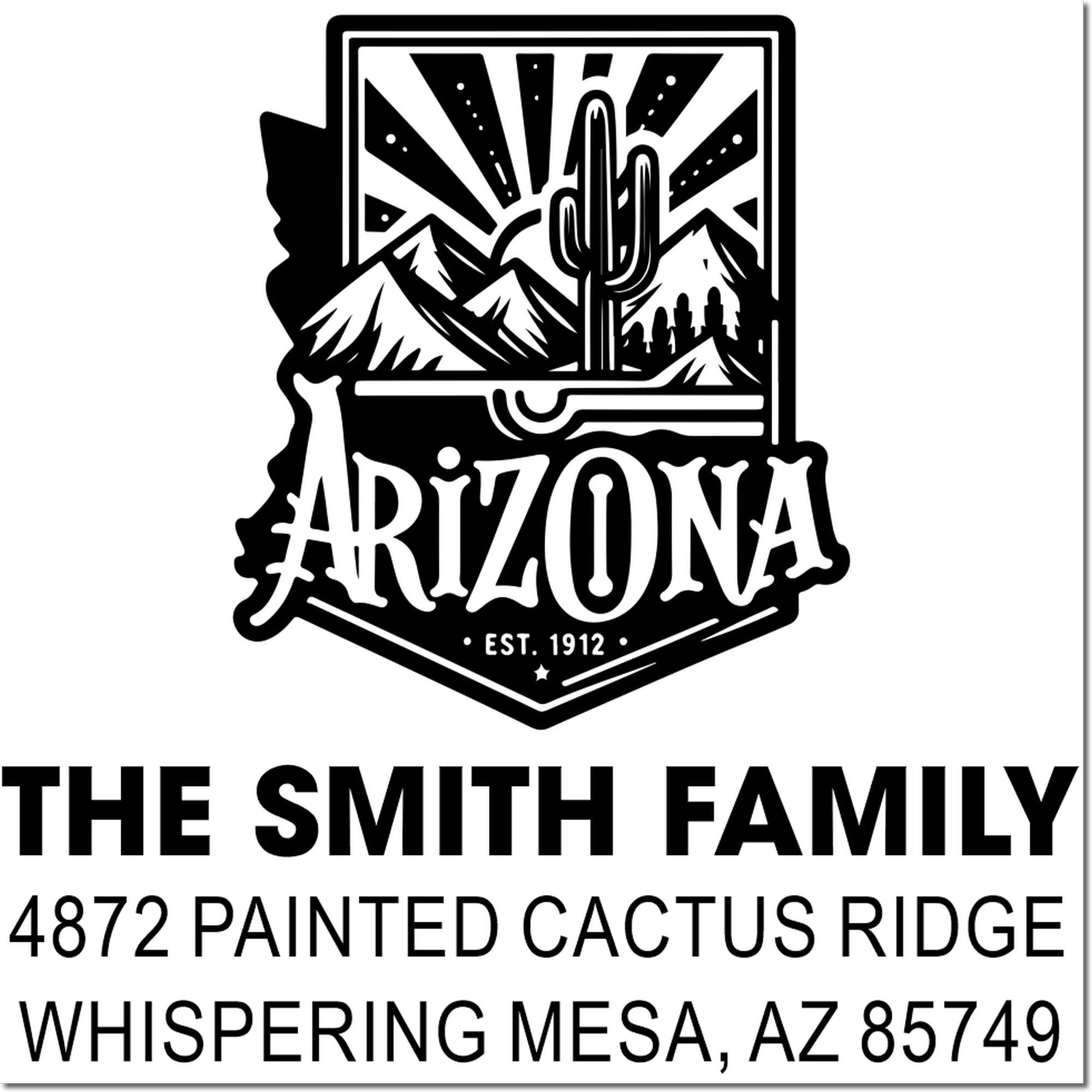 Custom Arizona family address rubber stamp with cactus and mountain design for The Smith Family, Whispering Mesa, AZ.
