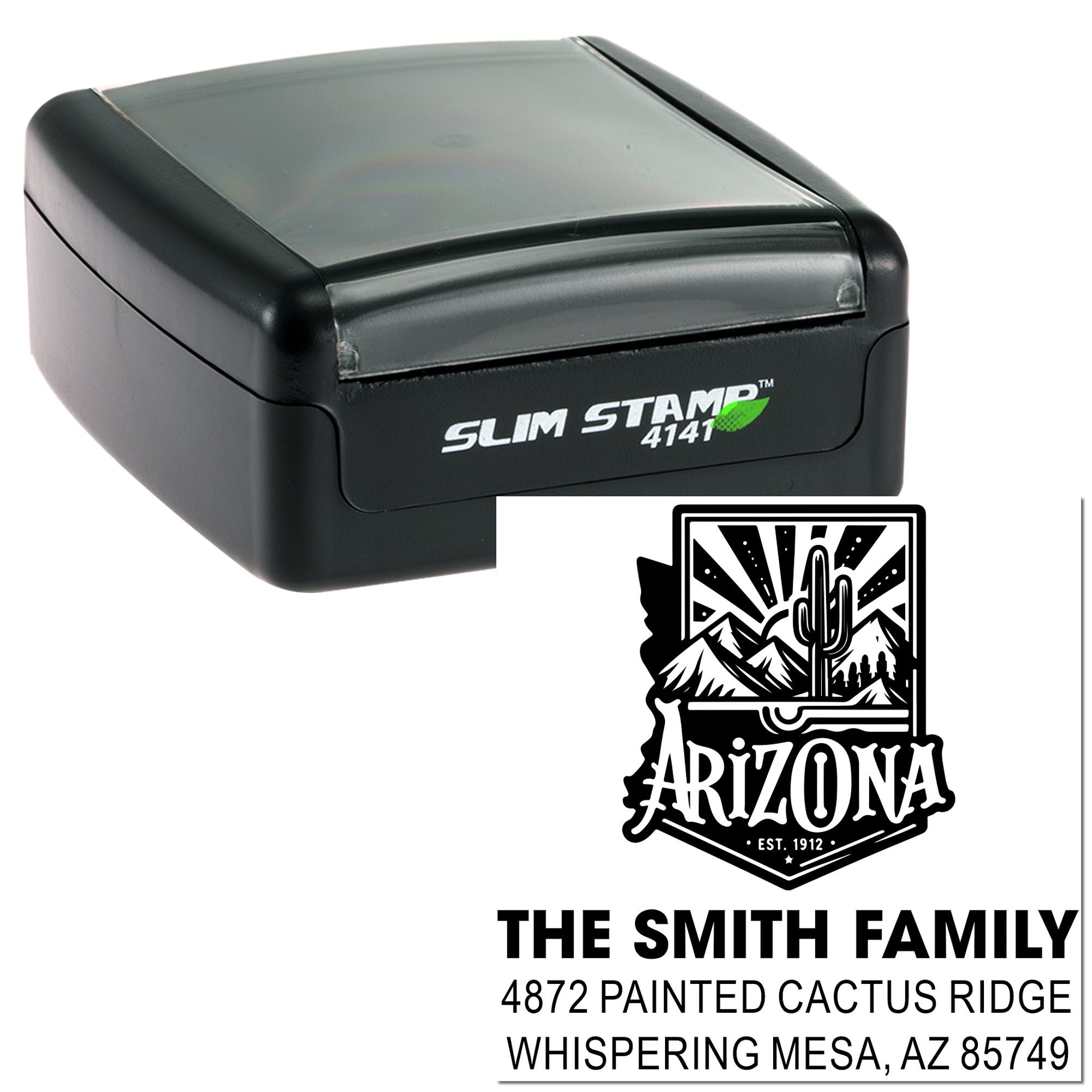 Personalized Arizona family return address rubber stamp, shown in Slim Stamp 4141 self-inking case.