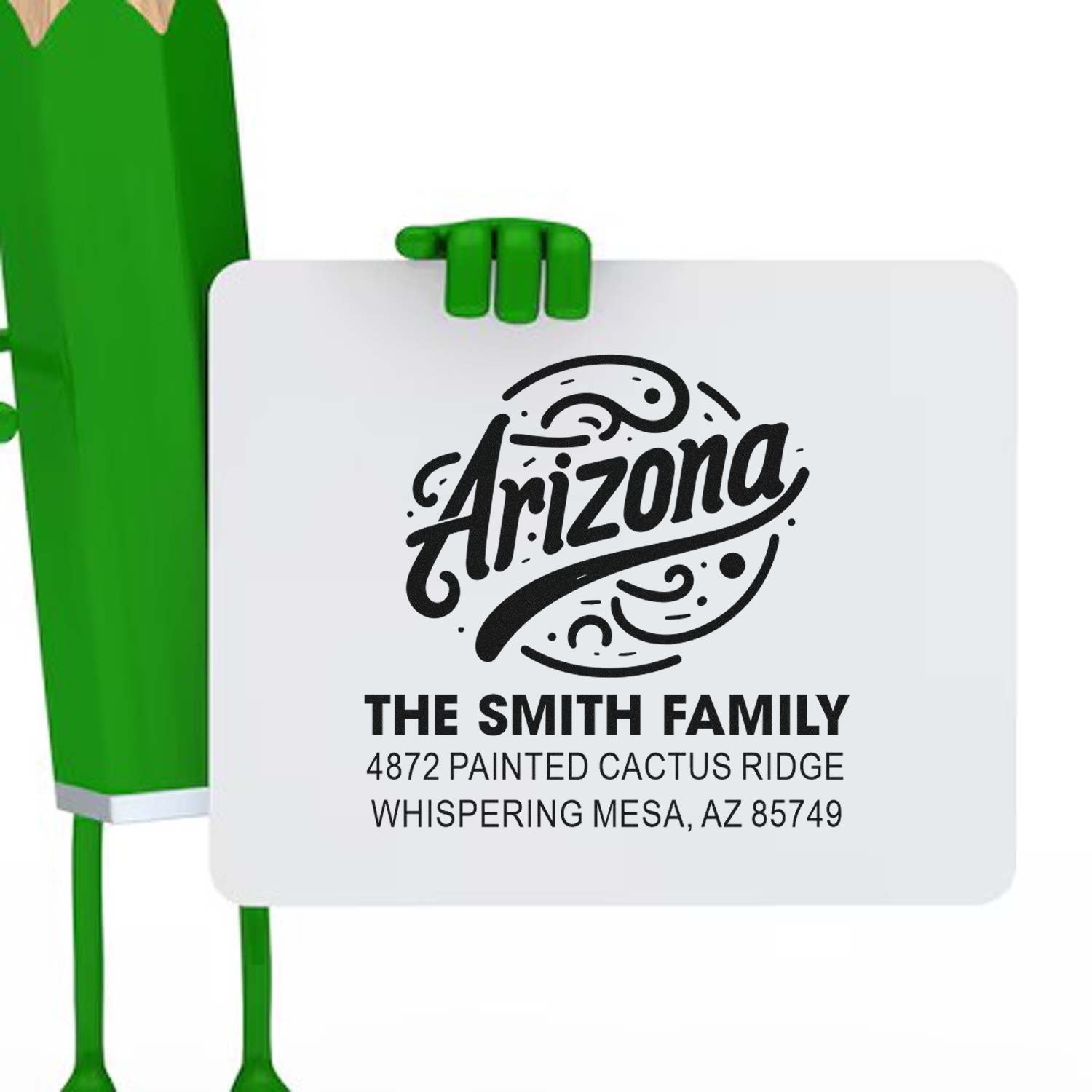 Personalized Arizona return address rubber stamp with cactus design for The Smith Family, Whispering Mesa, AZ.