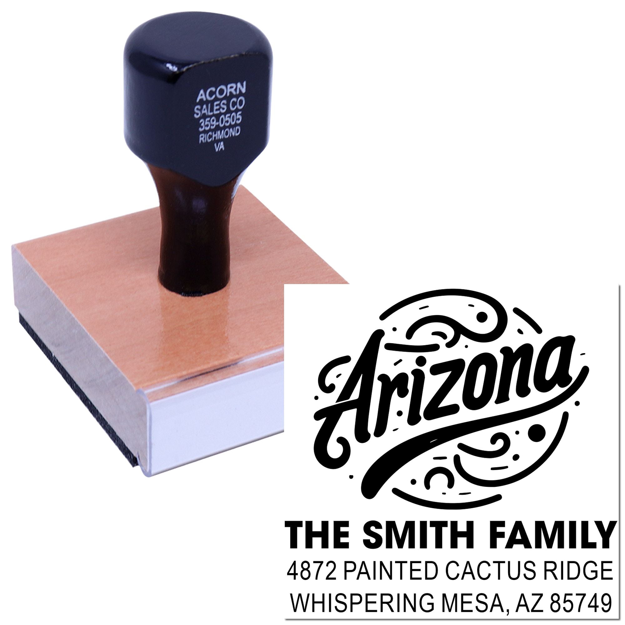 Custom self-inking rubber stamp with Arizona family return address design for personalized envelope and mailing use.