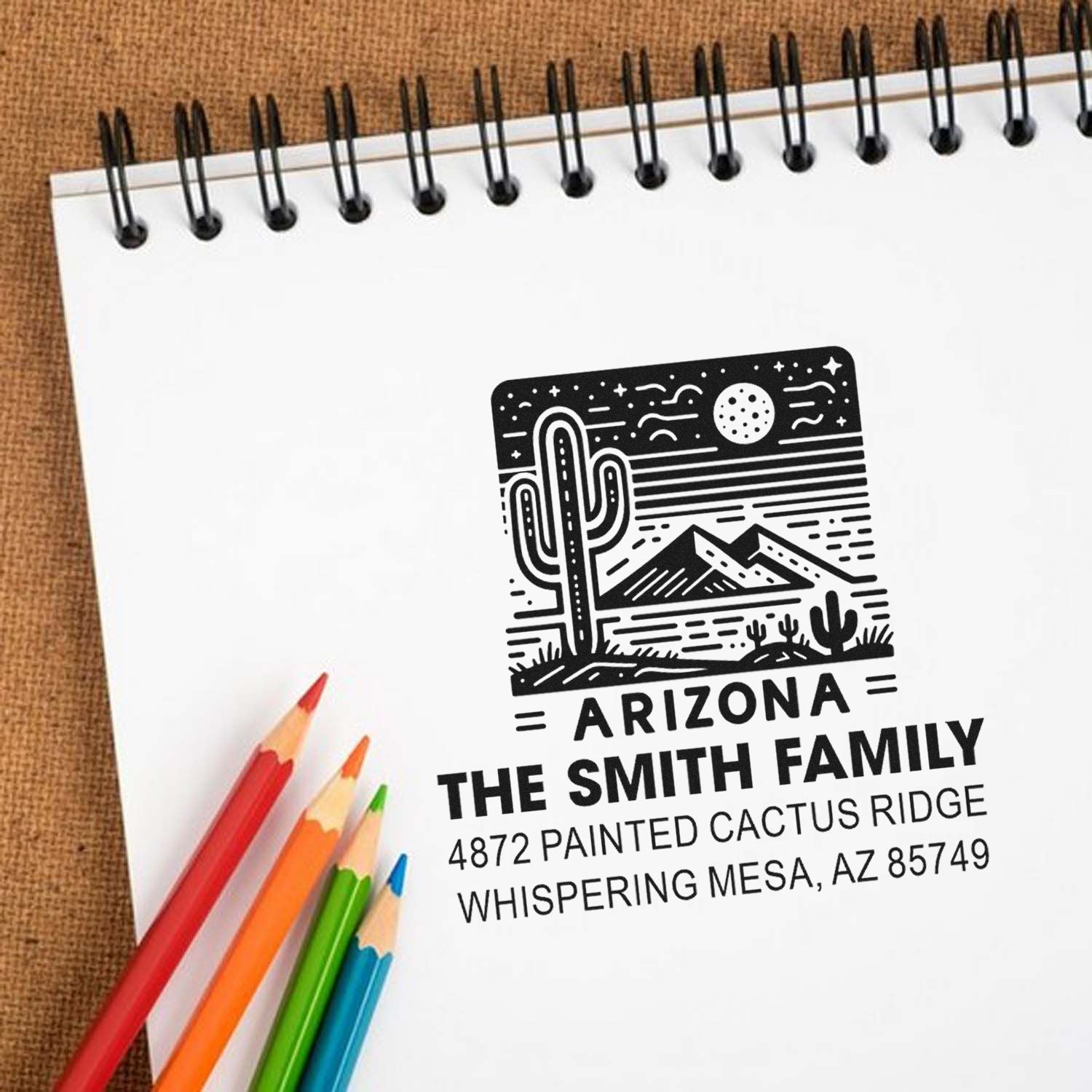 Custom Arizona return address rubber stamp for The Smith Family with cactus and mountain design.