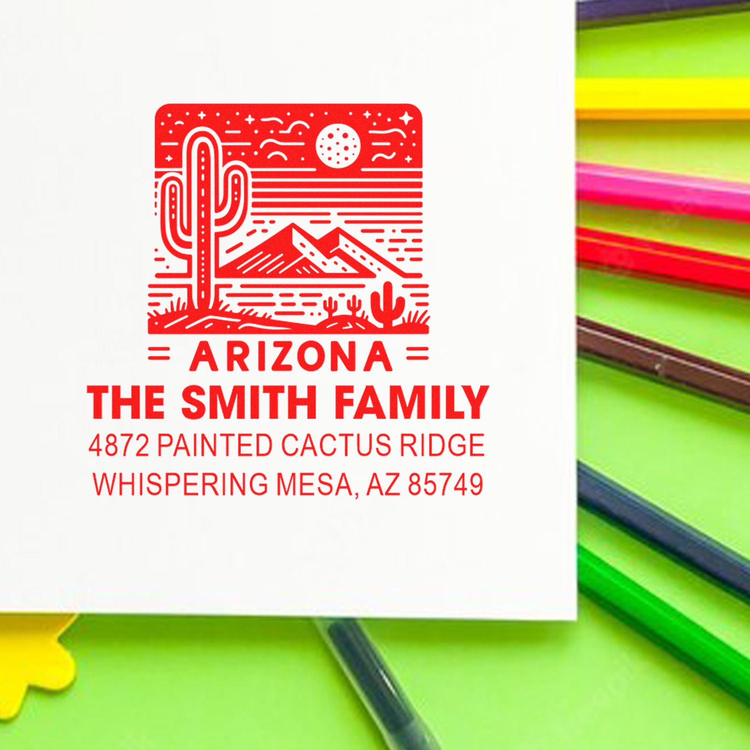 Custom Arizona rubber stamp with cactus design, The Smith Family name, and Whispering Mesa, AZ return address.