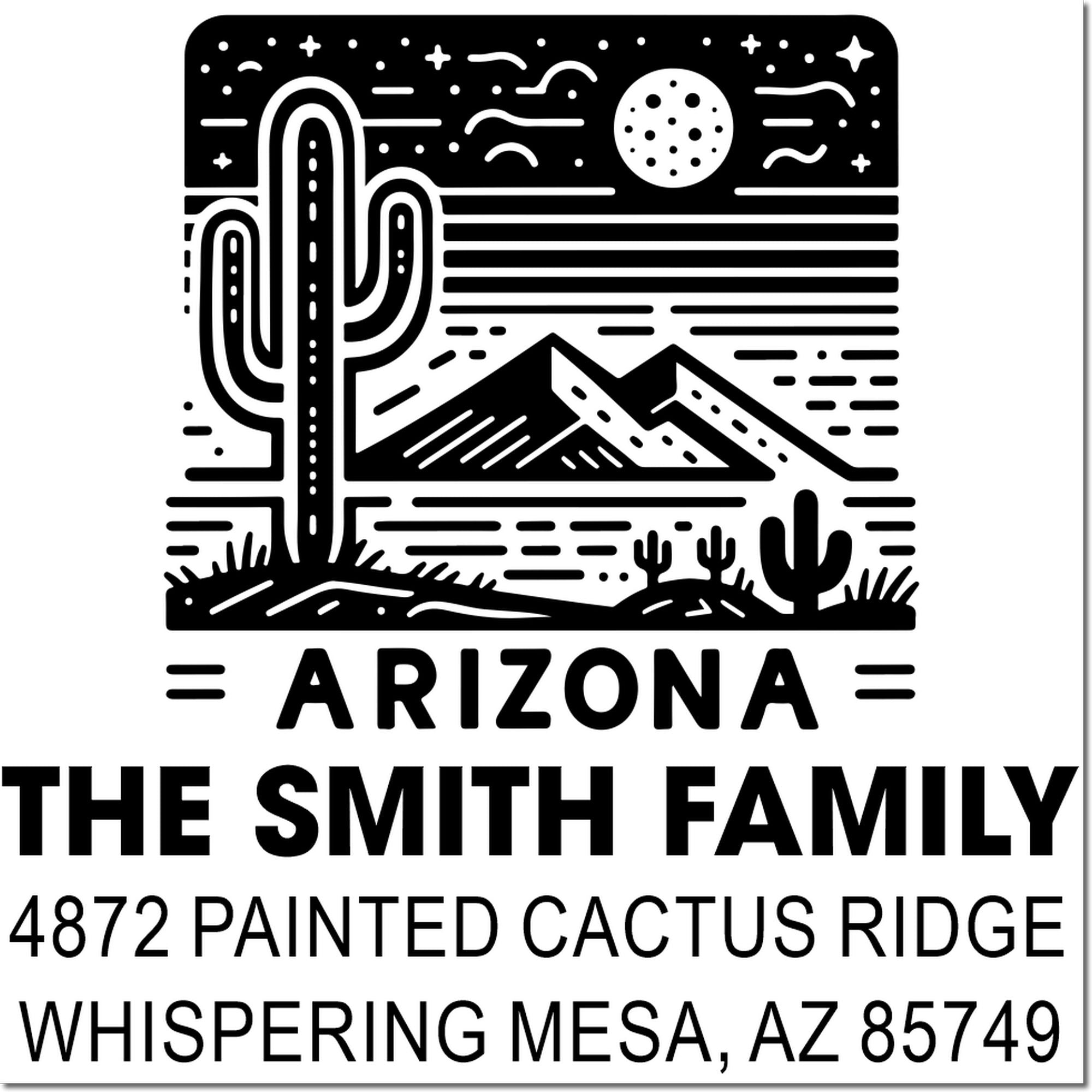 Custom Arizona family address rubber stamp with cactus desert design for The Smith Family, Whispering Mesa, AZ 85749