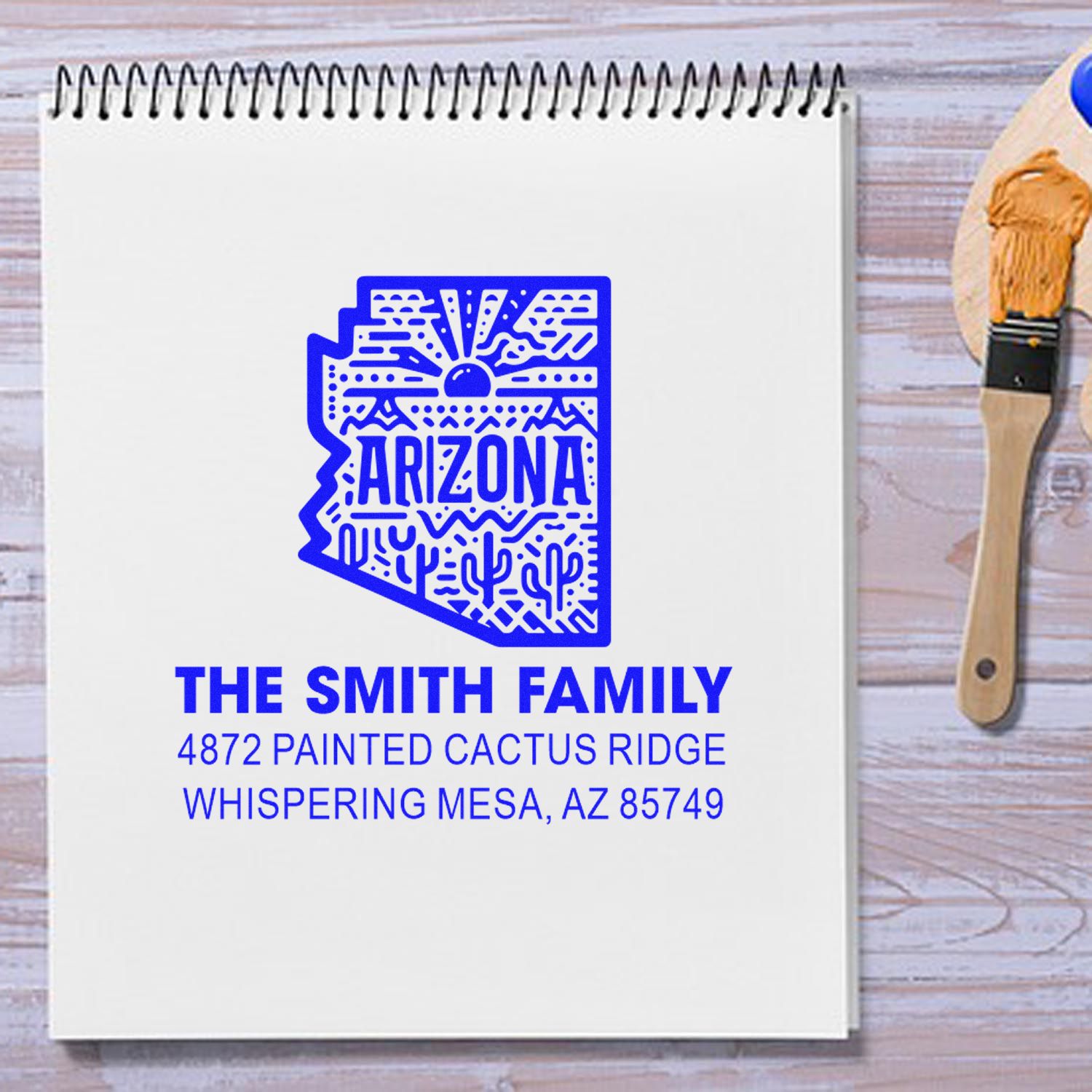Custom Arizona address rubber stamp for The Smith Family, featuring state outline and return mailing address design.