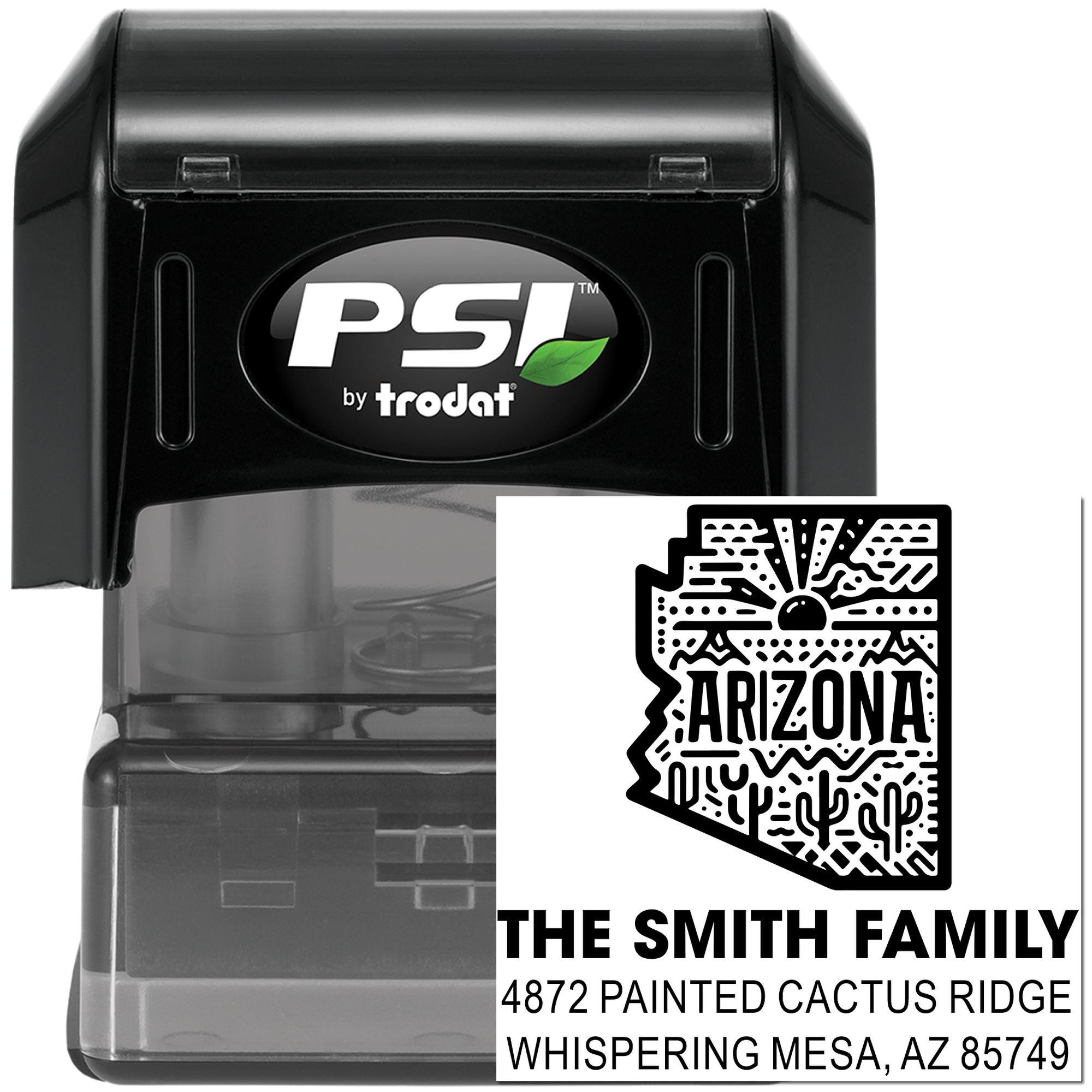 Custom Arizona address rubber stamp with Smith family name and self-inking PSI by Trodat stamp for mailing labels.