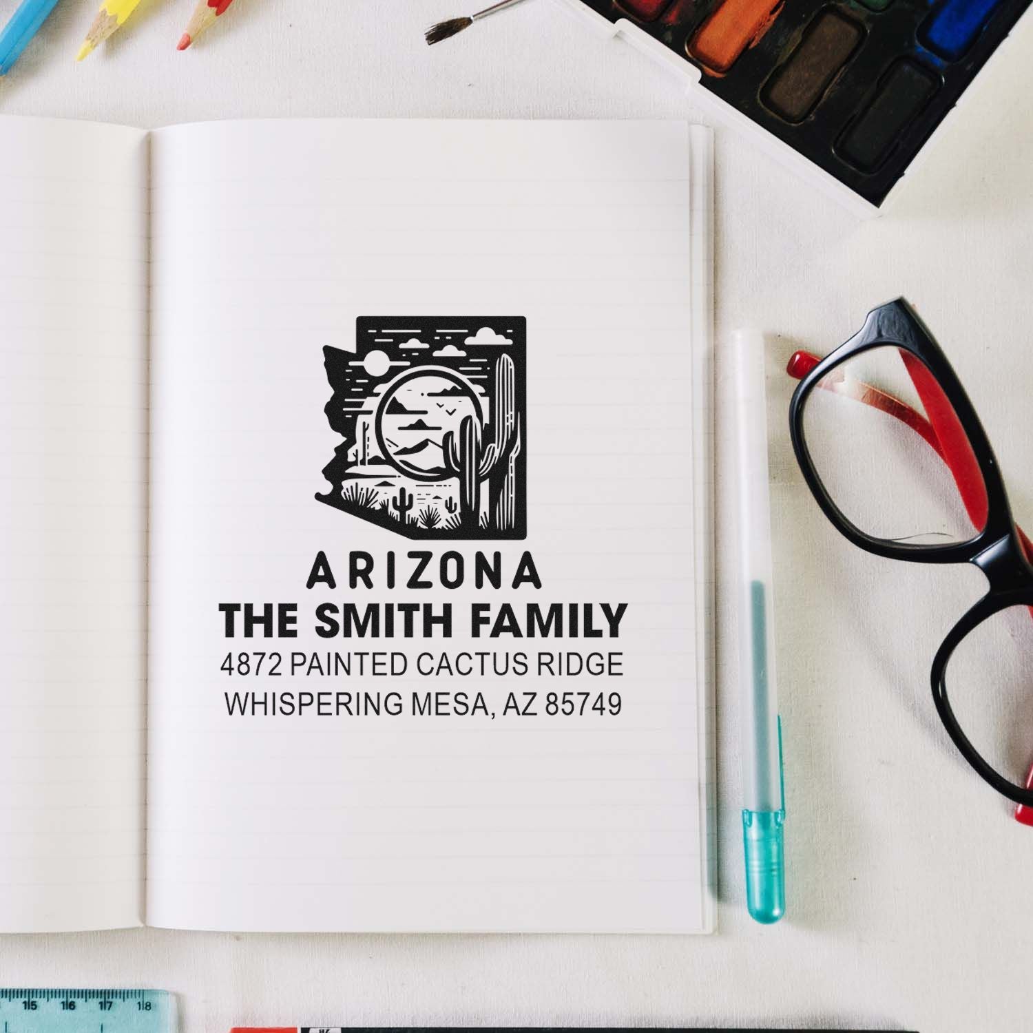 Custom Arizona address rubber stamp design for The Smith Family, featuring desert cactus artwork and return mailing address.