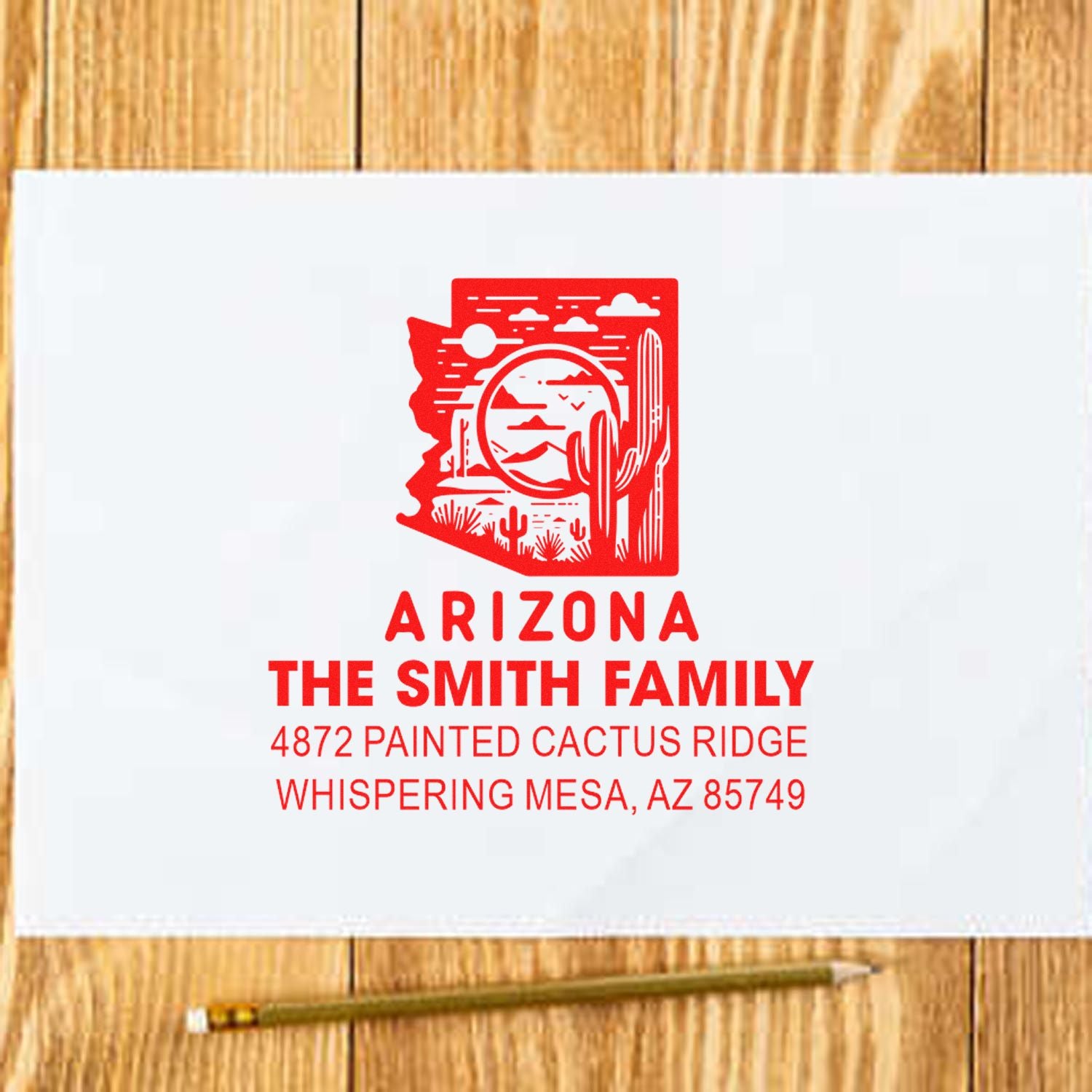 Custom Arizona rubber stamp with cactus return address design for The Smith Family, ideal for personalized mailing.