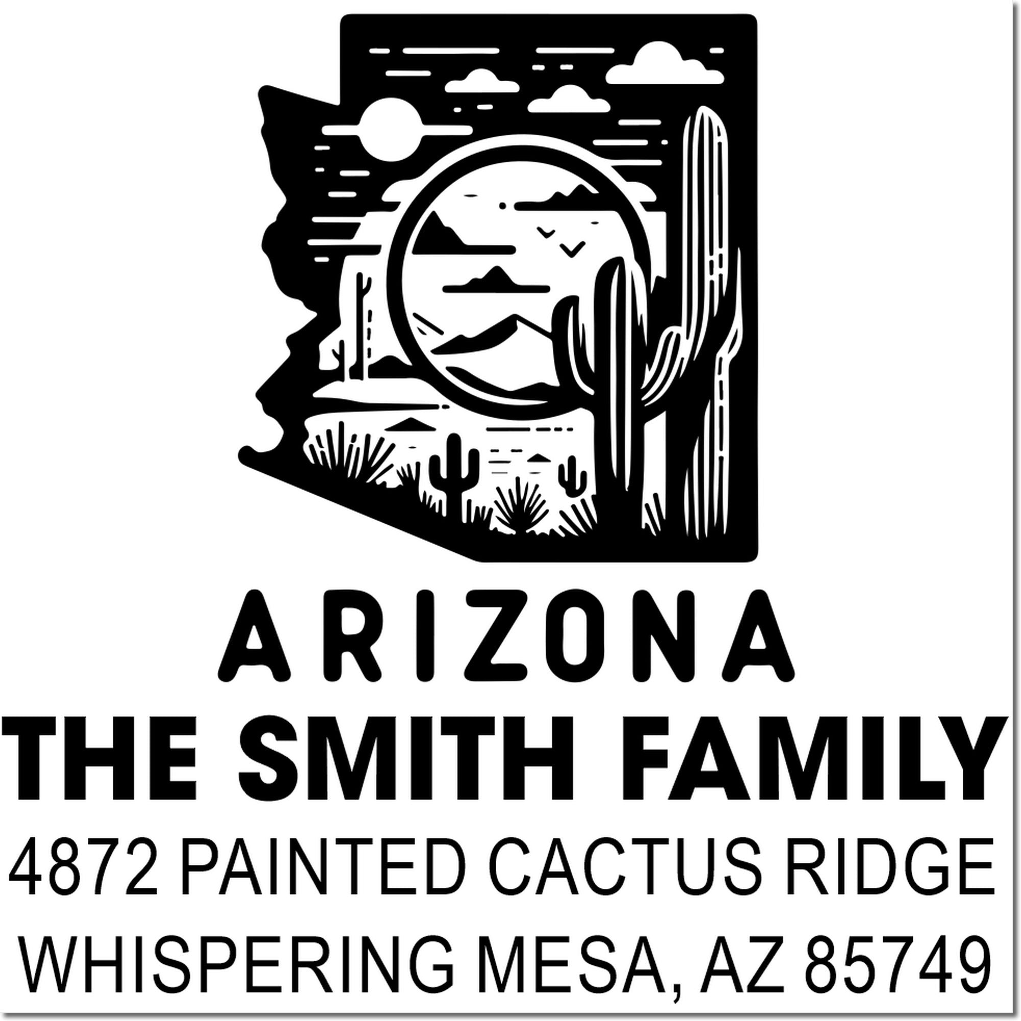 Arizona custom family return address rubber stamp with desert cactus design and Whispering Mesa, AZ mailing address.