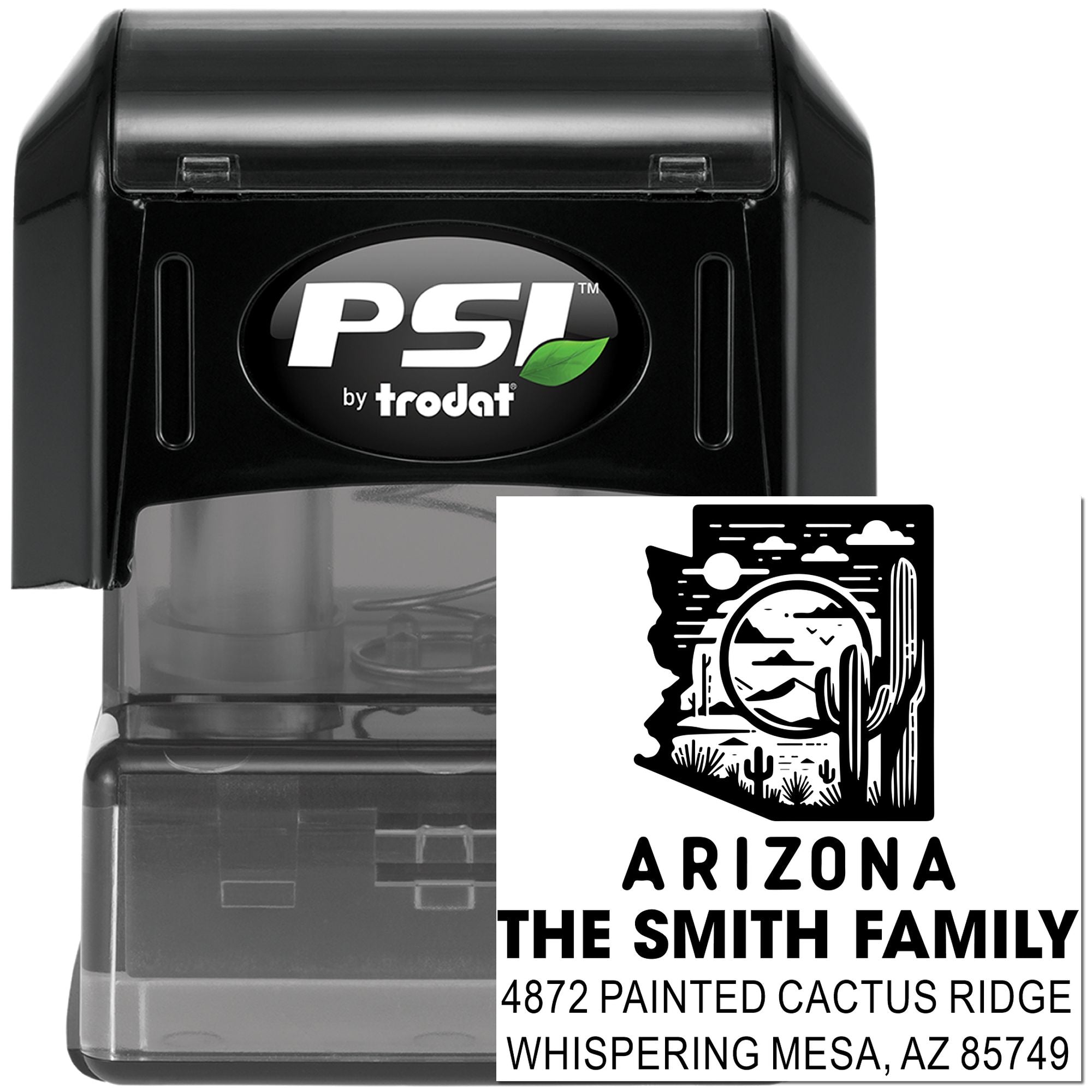PSI by Trodat custom Arizona return address rubber stamp with desert cactus design for personalized family mailings.