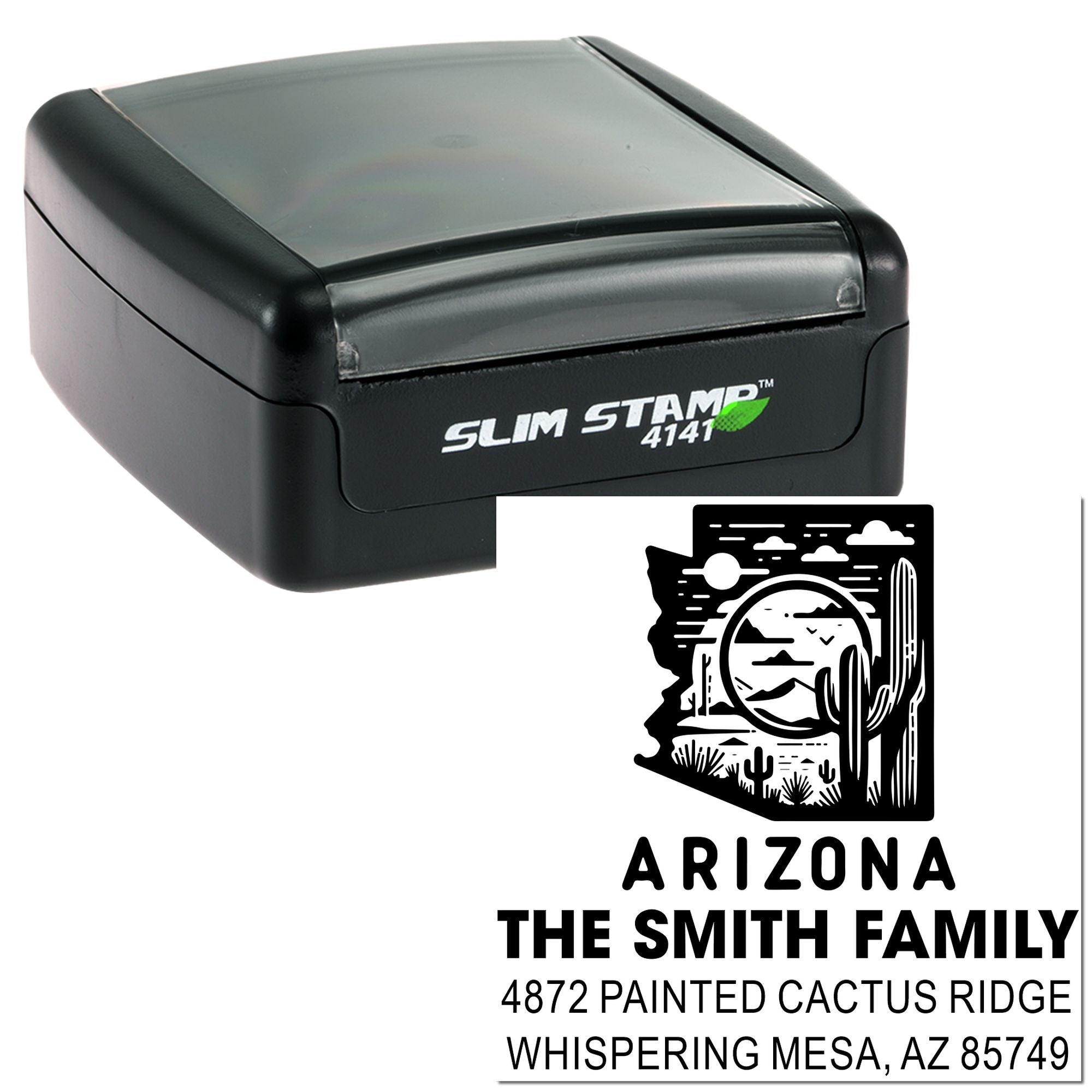 Slim Stamp custom Arizona return address rubber stamp with family name and mailing address for envelopes.