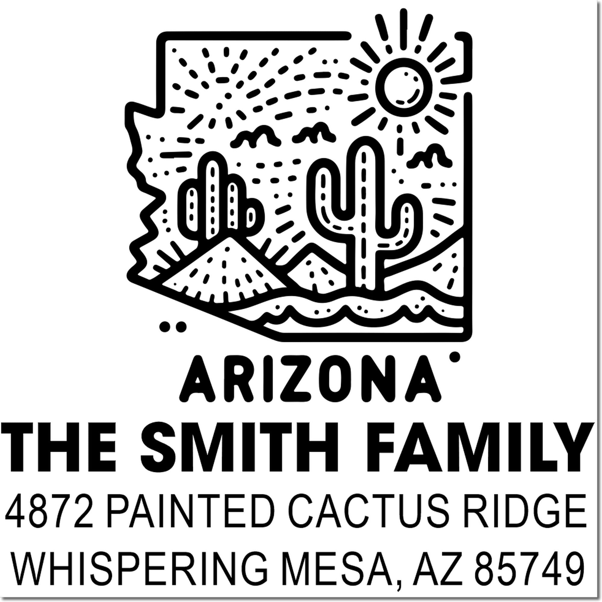 Arizona custom return address rubber stamp with cactus state design for The Smith Family, Whispering Mesa, AZ 85749
