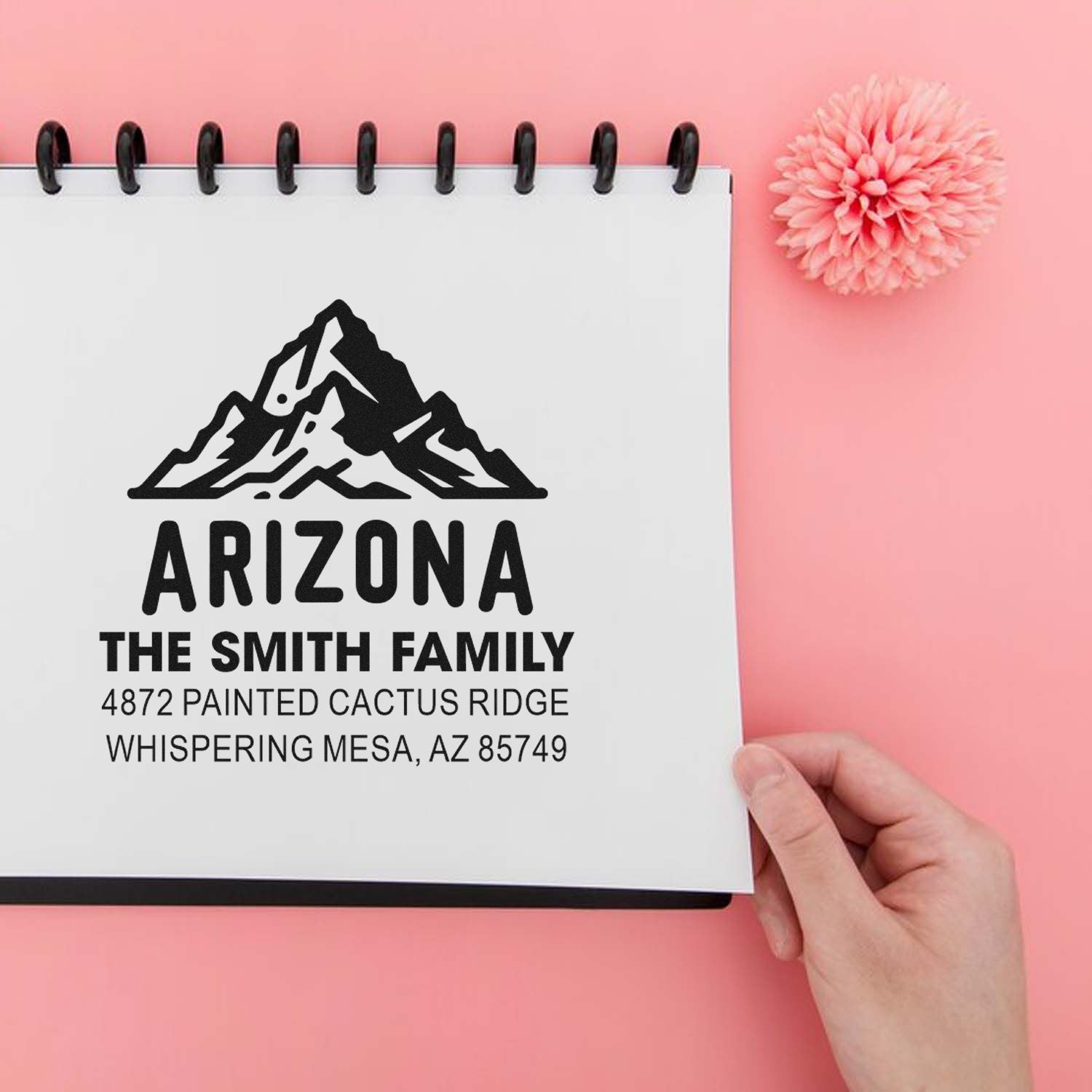 Personalized Arizona family address rubber stamp with mountain logo for The Smith Family return mail.