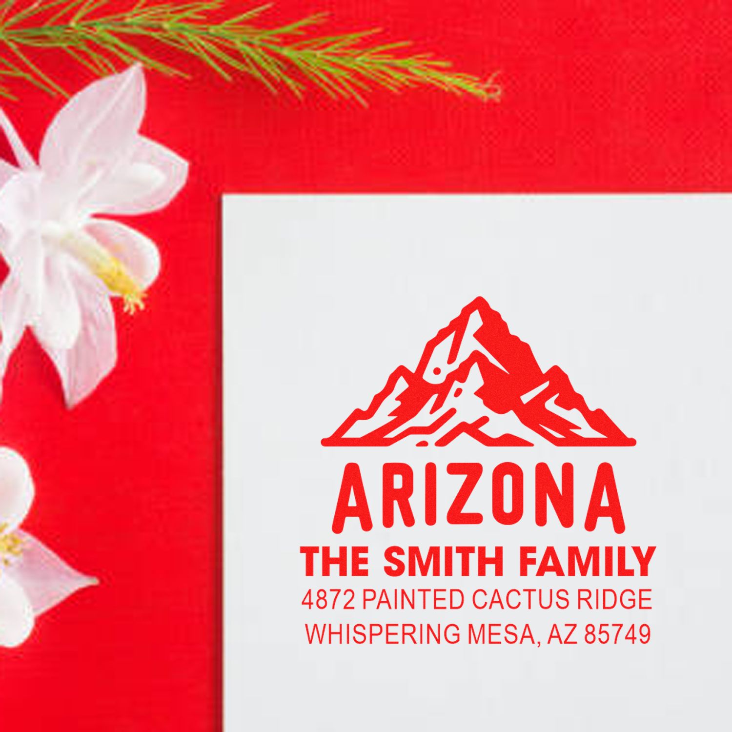 Custom Arizona family address rubber stamp with mountain logo, The Smith Family, and Whispering Mesa, AZ return address