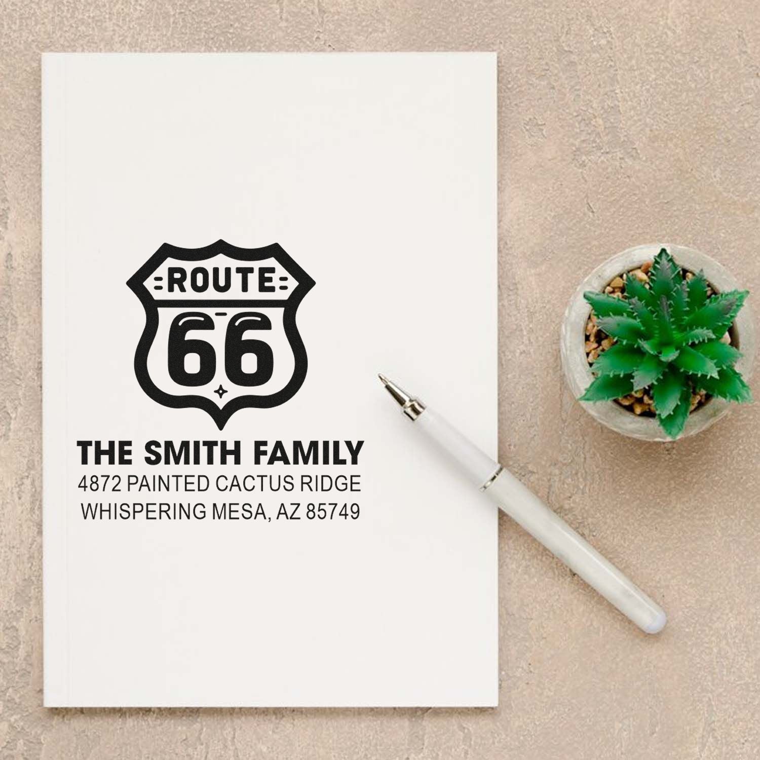 Custom Route 66 address rubber stamp for The Smith Family, ideal for personalized stationery and Arizona mail.