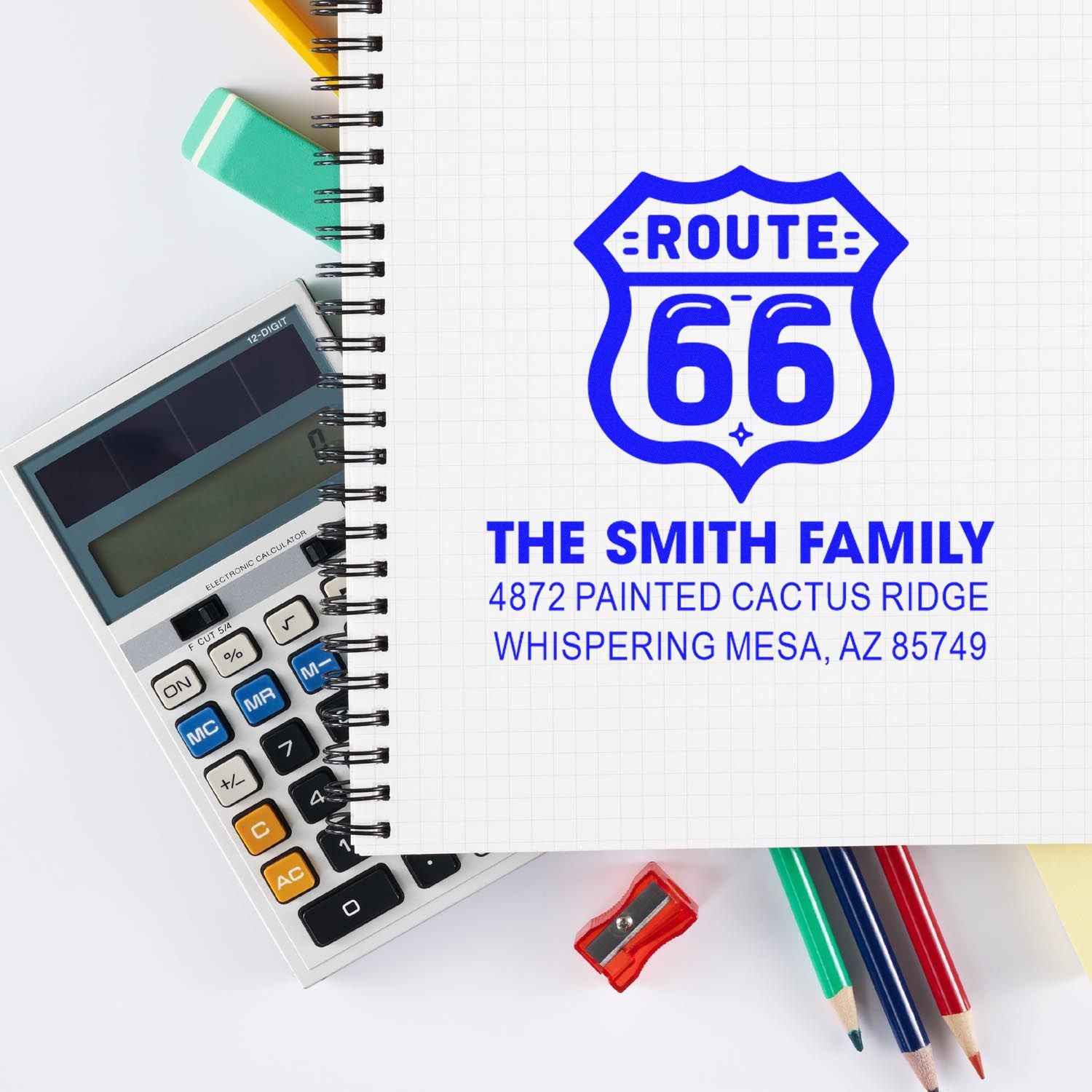 Custom Route 66 family return address rubber stamp for personalized mailing and home address use