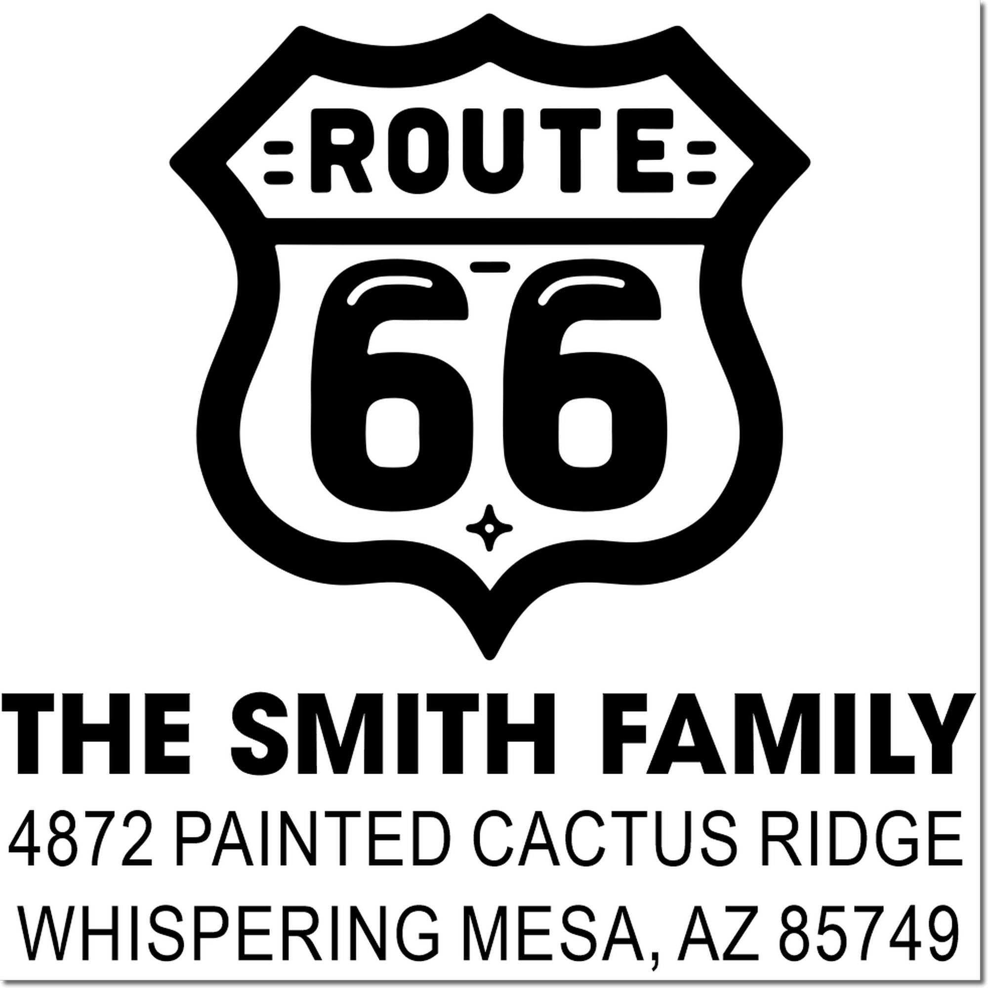 Custom Route 66 family return address rubber stamp for The Smith Family, 4872 Painted Cactus Ridge, Whispering Mesa, AZ 85749.