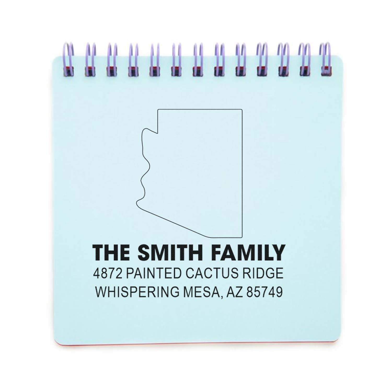 Custom Arizona address rubber stamp for The Smith Family with state outline and personalized home address.