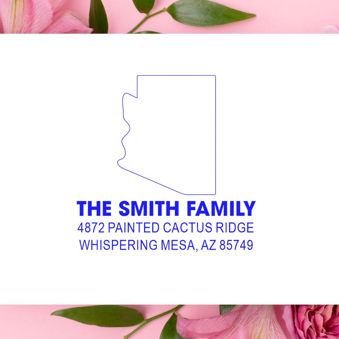 Custom Arizona return address rubber stamp for The Smith Family, featuring state outline and Painted Cactus Ridge address.