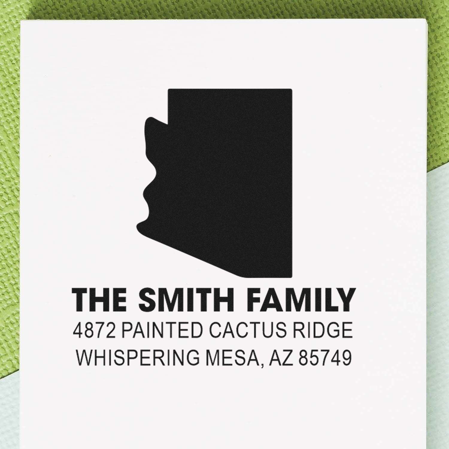 Custom Arizona address rubber stamp for The Smith Family, featuring name, street address, and Whispering Mesa, AZ 85749.