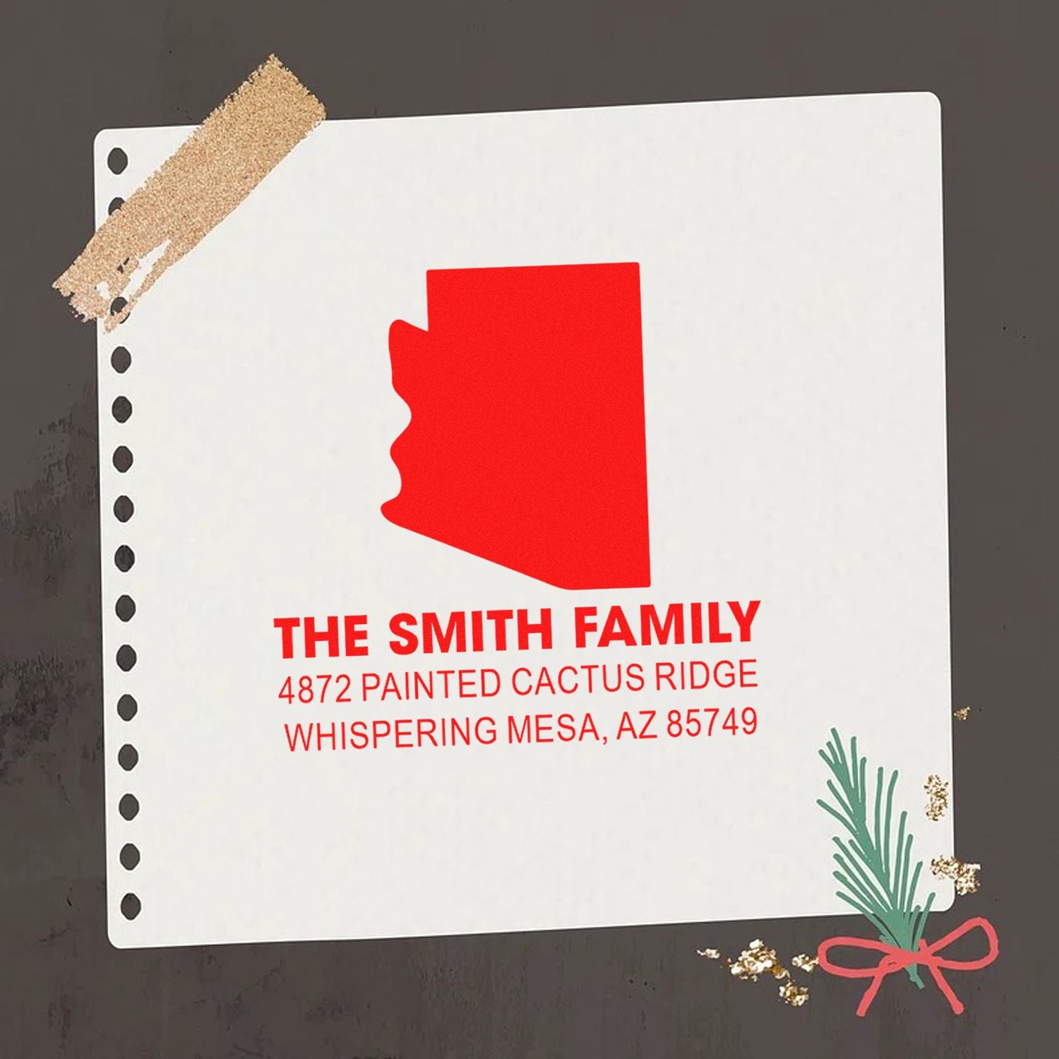 Custom family address rubber stamp with Arizona state design for personalized envelopes and stationery.