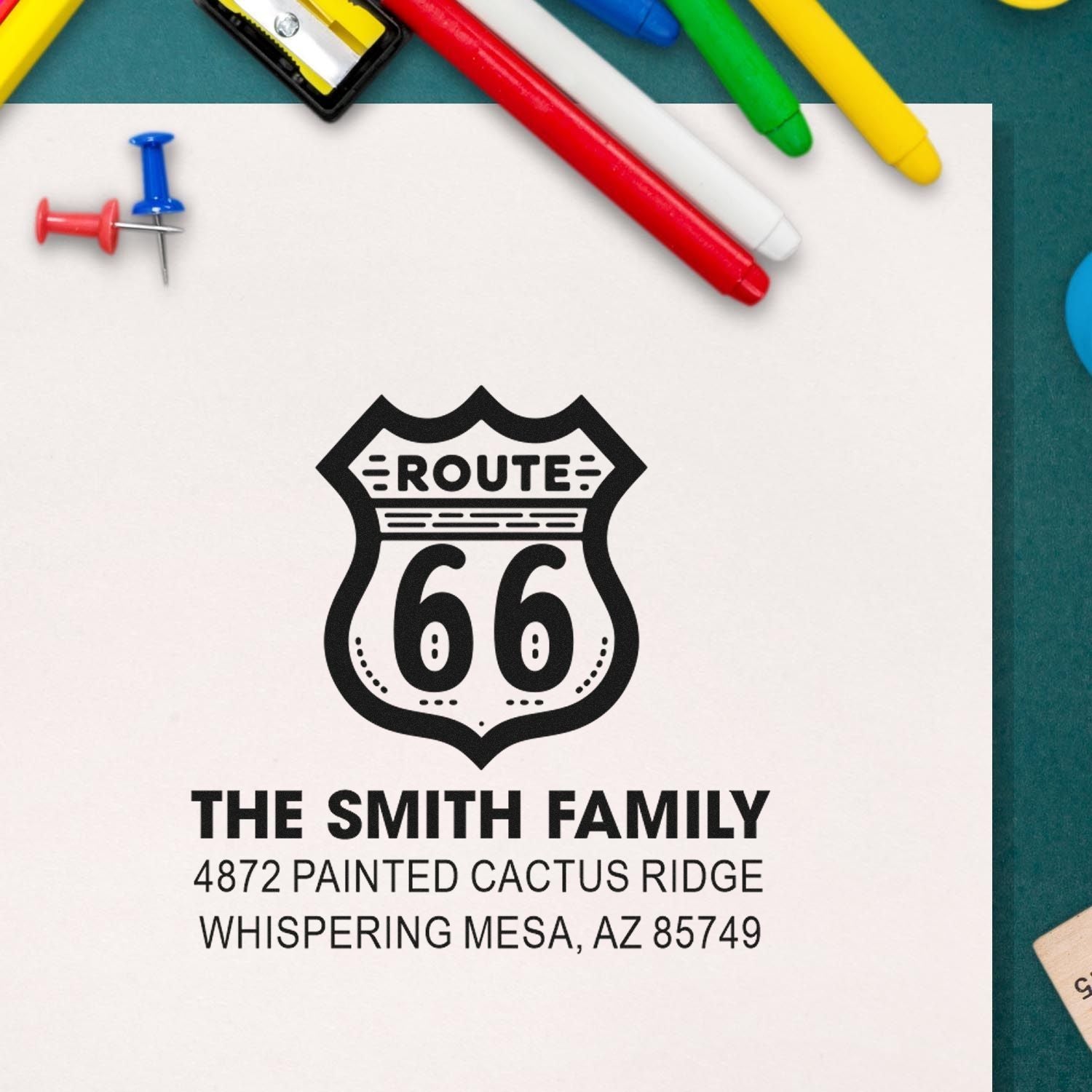 Personalized Route 66 family return address rubber stamp for The Smith Family, Whispering Mesa, AZ.