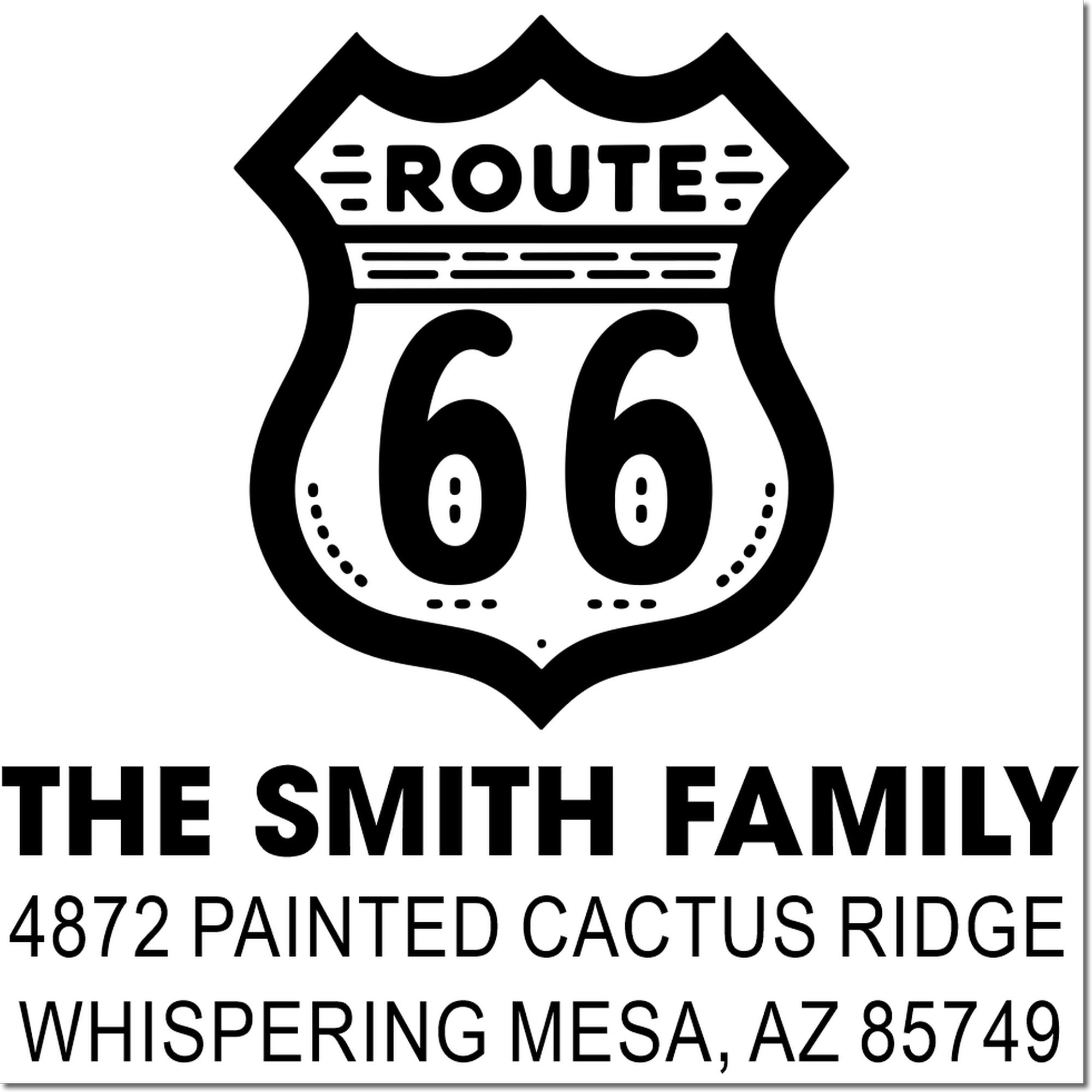 Custom Route 66 address rubber stamp for The Smith Family, Painted Cactus Ridge, Whispering Mesa, AZ 85749