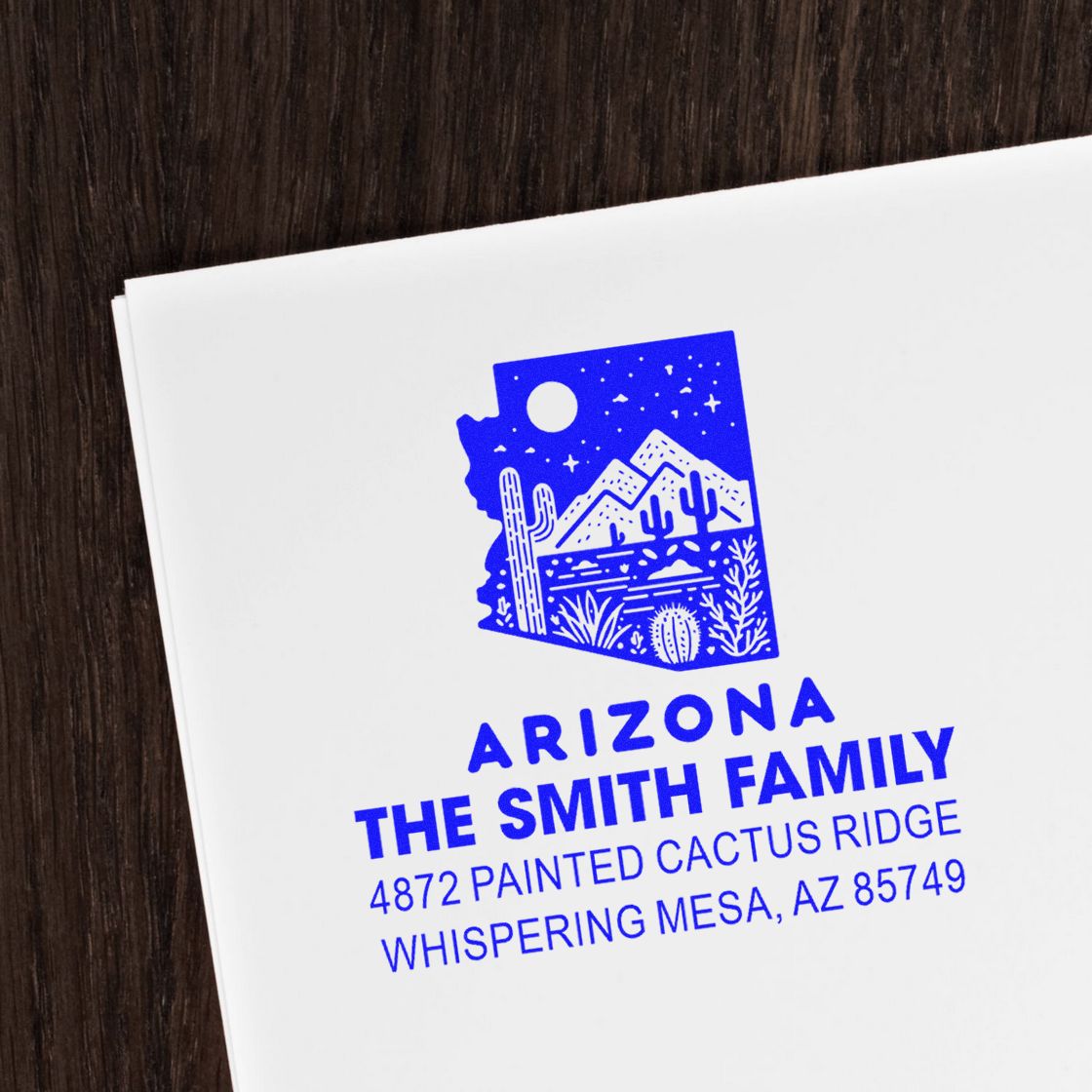 Custom Arizona family address rubber stamp with desert cactus design and The Smith Family return address.