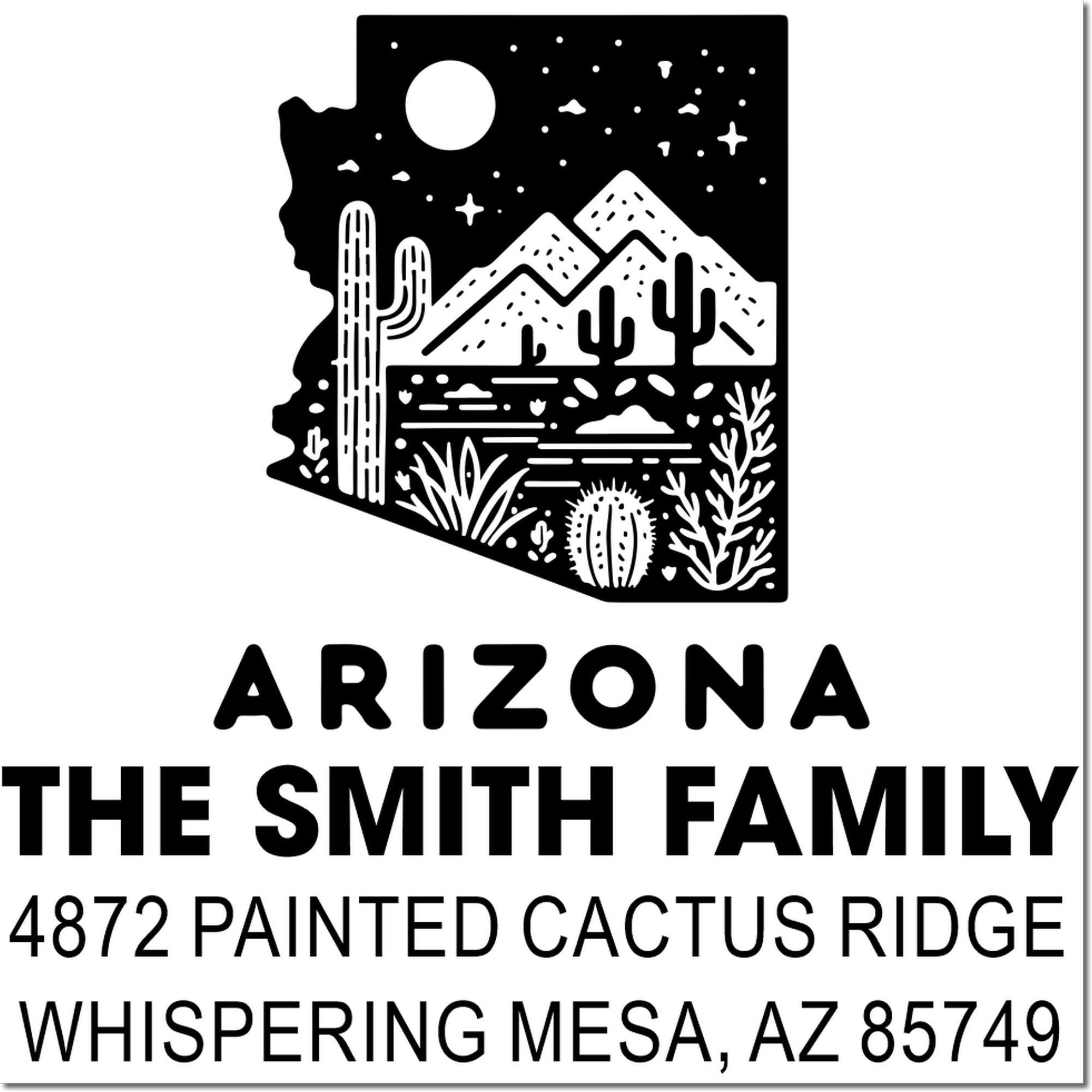 Arizona custom return address rubber stamp with desert cactus design for The Smith Family, Whispering Mesa, AZ 85749