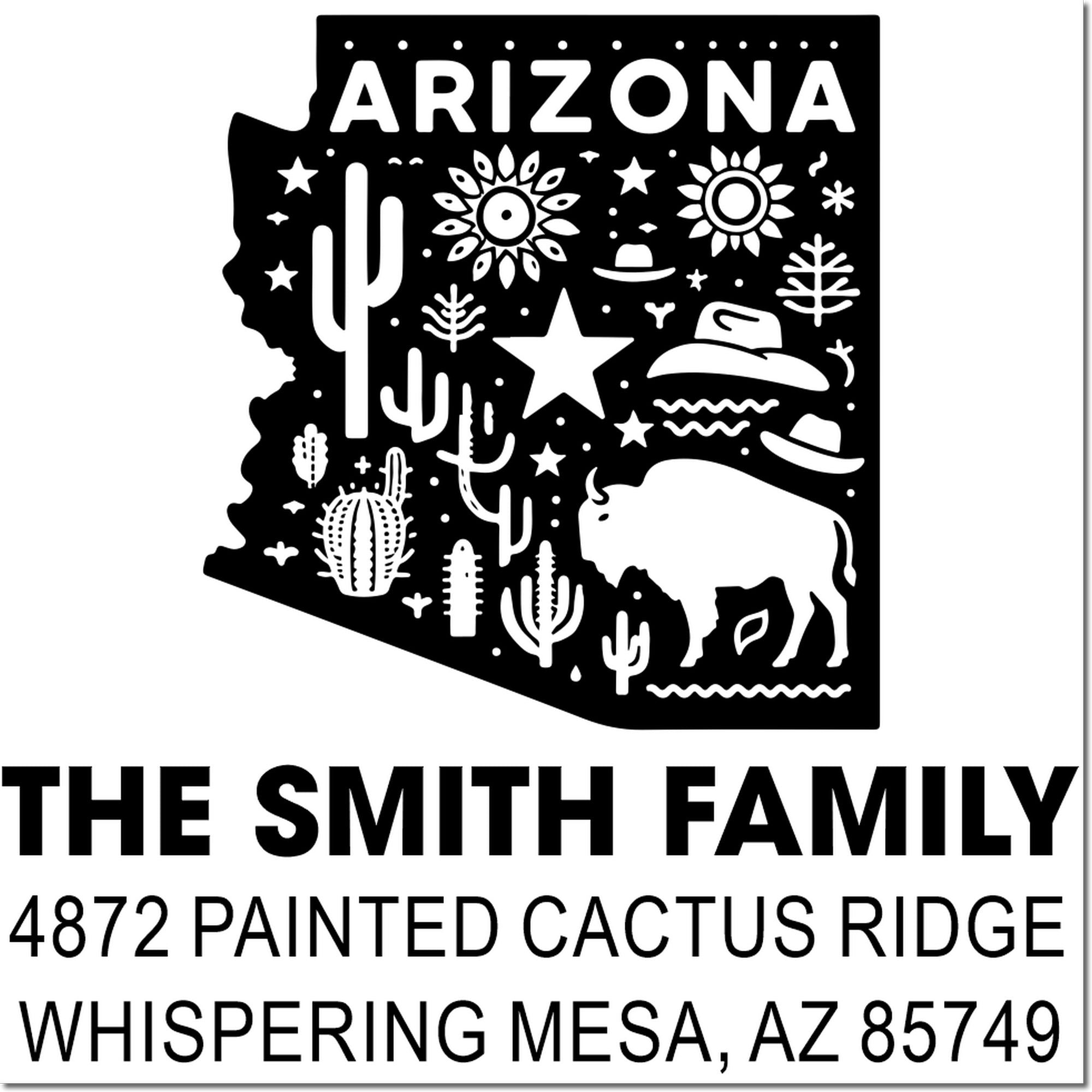 Custom Arizona return address rubber stamp for The Smith Family with desert cactus design and Whispering Mesa, AZ address.