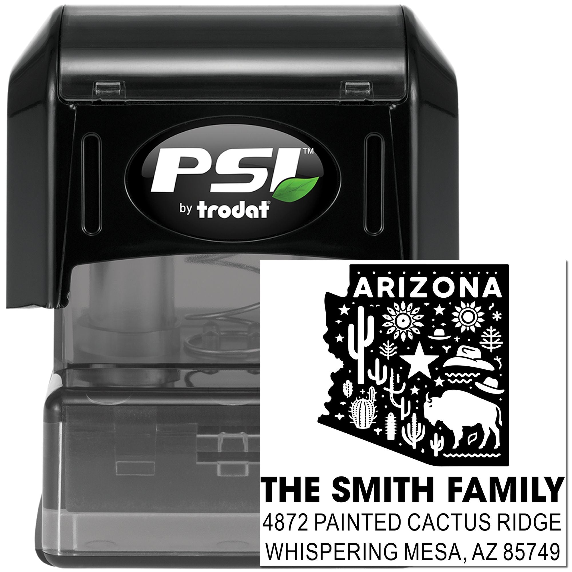 Custom Arizona family return address rubber stamp, PSI by Trodat self-inking stamp for personalized mail.